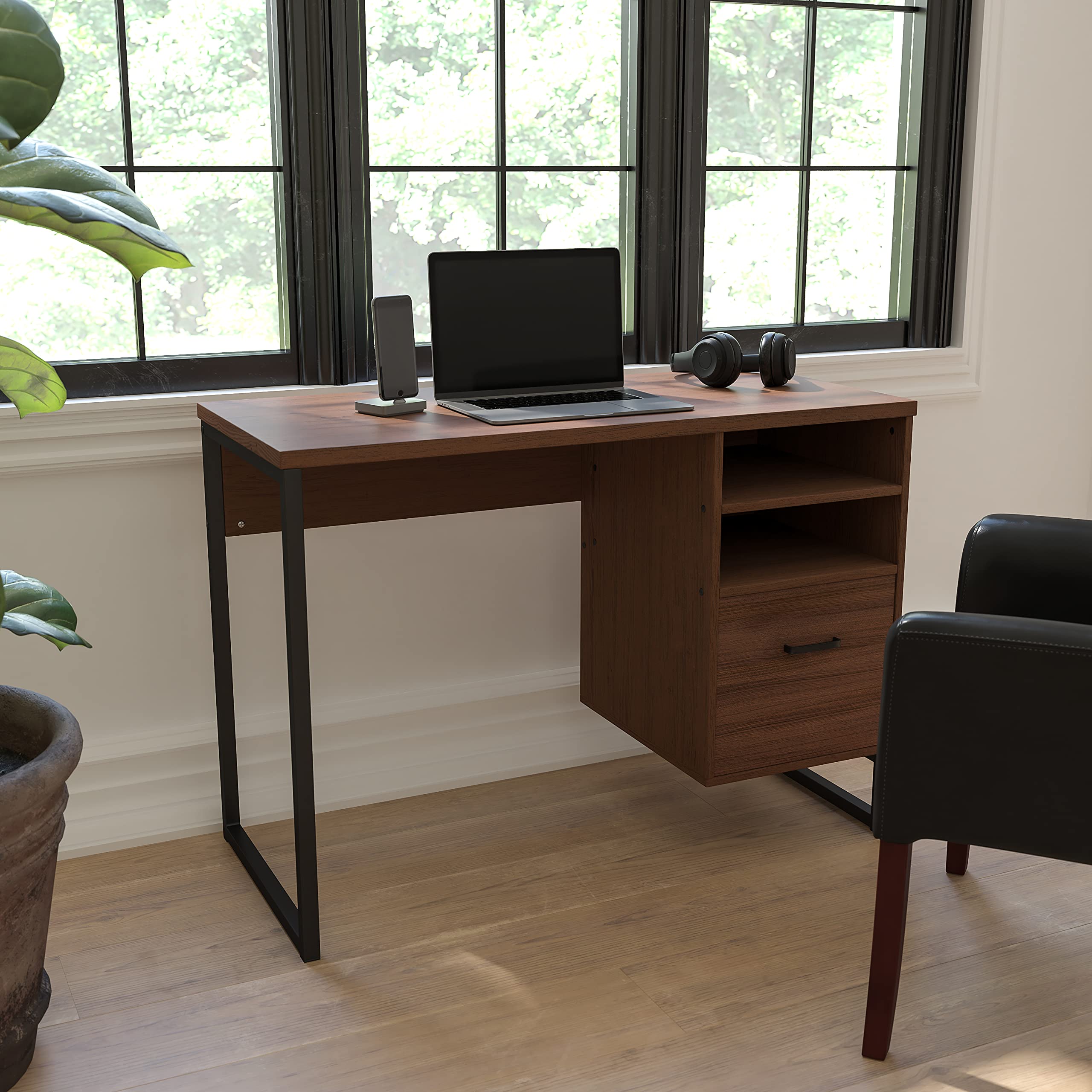 Rustic Wood Grain Coffee Computer Desk with Sturdy Metal Frame - Perfect for Home Office, Gaming & Workspace Setup