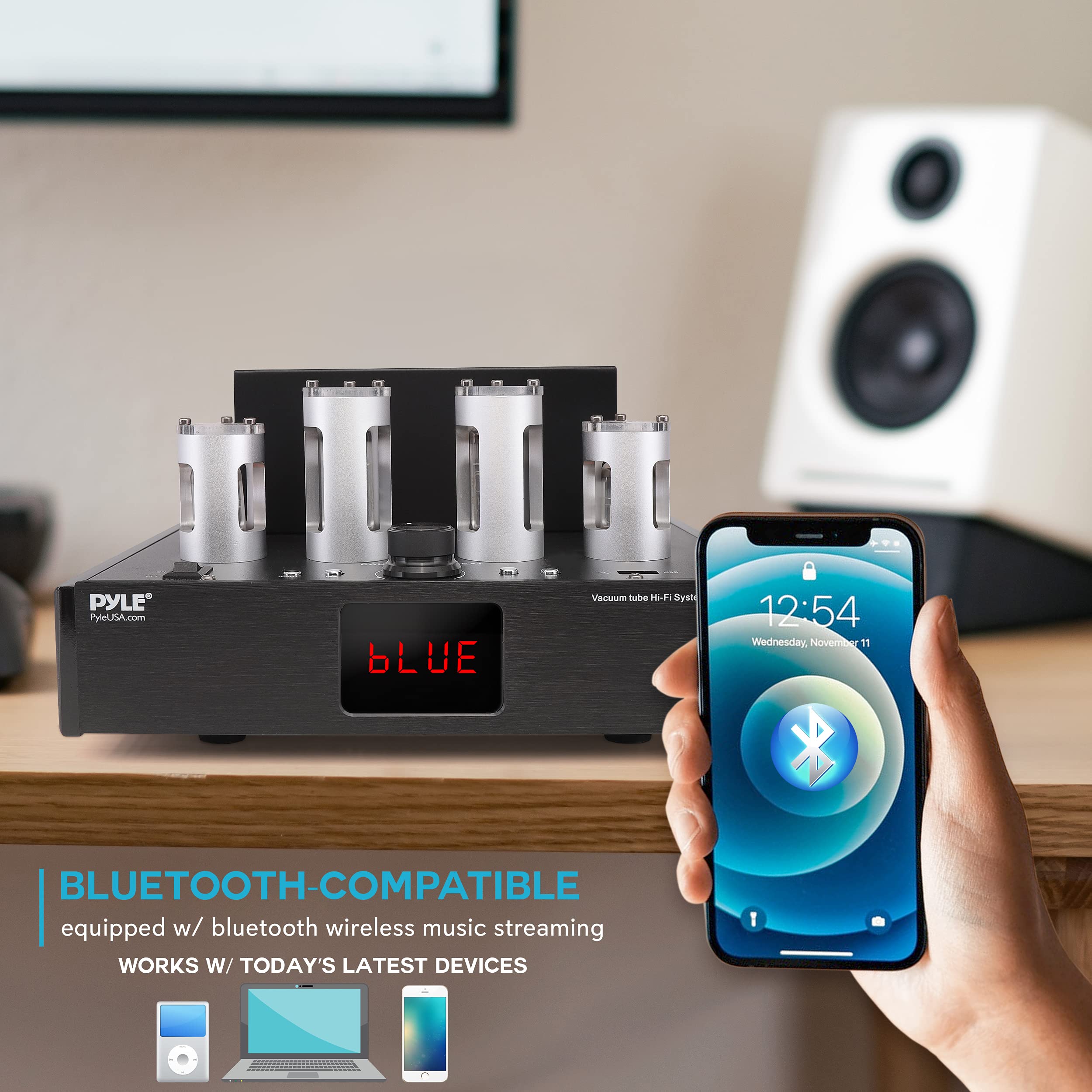 Pyle 500W Bluetooth Tube Amplifier Receiver - Hi-Fi Stereo Power Amplifier with 4 Vacuum Tubes, USB, CD/DVD Input & Subwoofer Output for Home Theater & Desktop Audio | Perfect for Vinyl Records, Gaming & Music Streaming