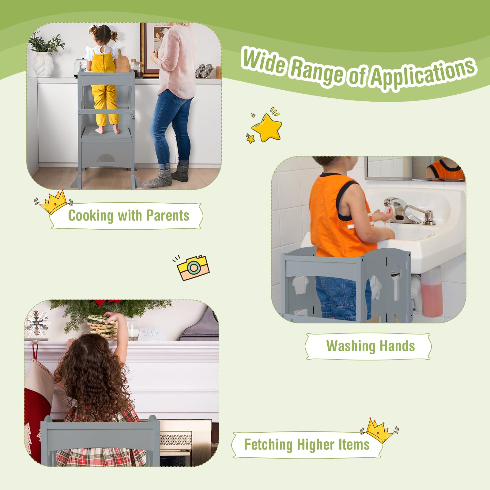 HONEY JOY Foldable Wooden Kitchen Step Stool for Toddlers & Kids with Safety Rail - Montessori Learning Tower for Kitchen Counter - Gray - Perfect for Cooking, Baking & Learning Independence