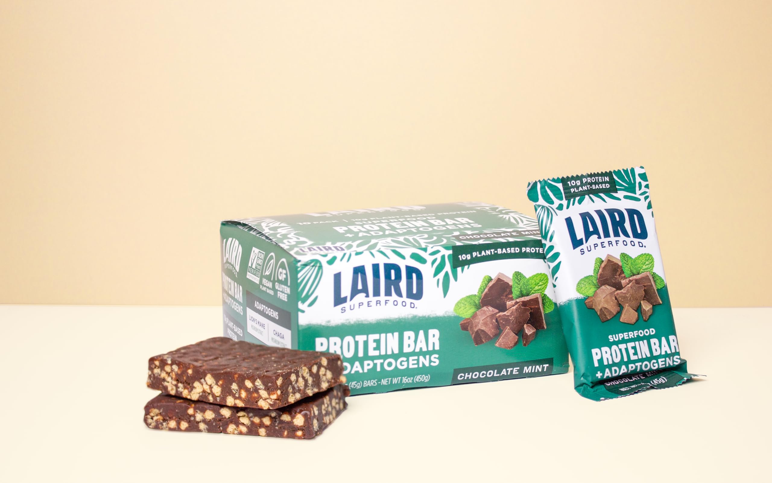 Laird Superfood Functional Protein Bars - 10g Plant-Based Protein, 6g Fiber, Non-GMO, with Real Ingredients & Functional Mushrooms - Mint Chocolate Flavor (10 Count Pack) - Perfect for Post-Workout Recovery, Healthy Snacking & On-the-Go Nutrition