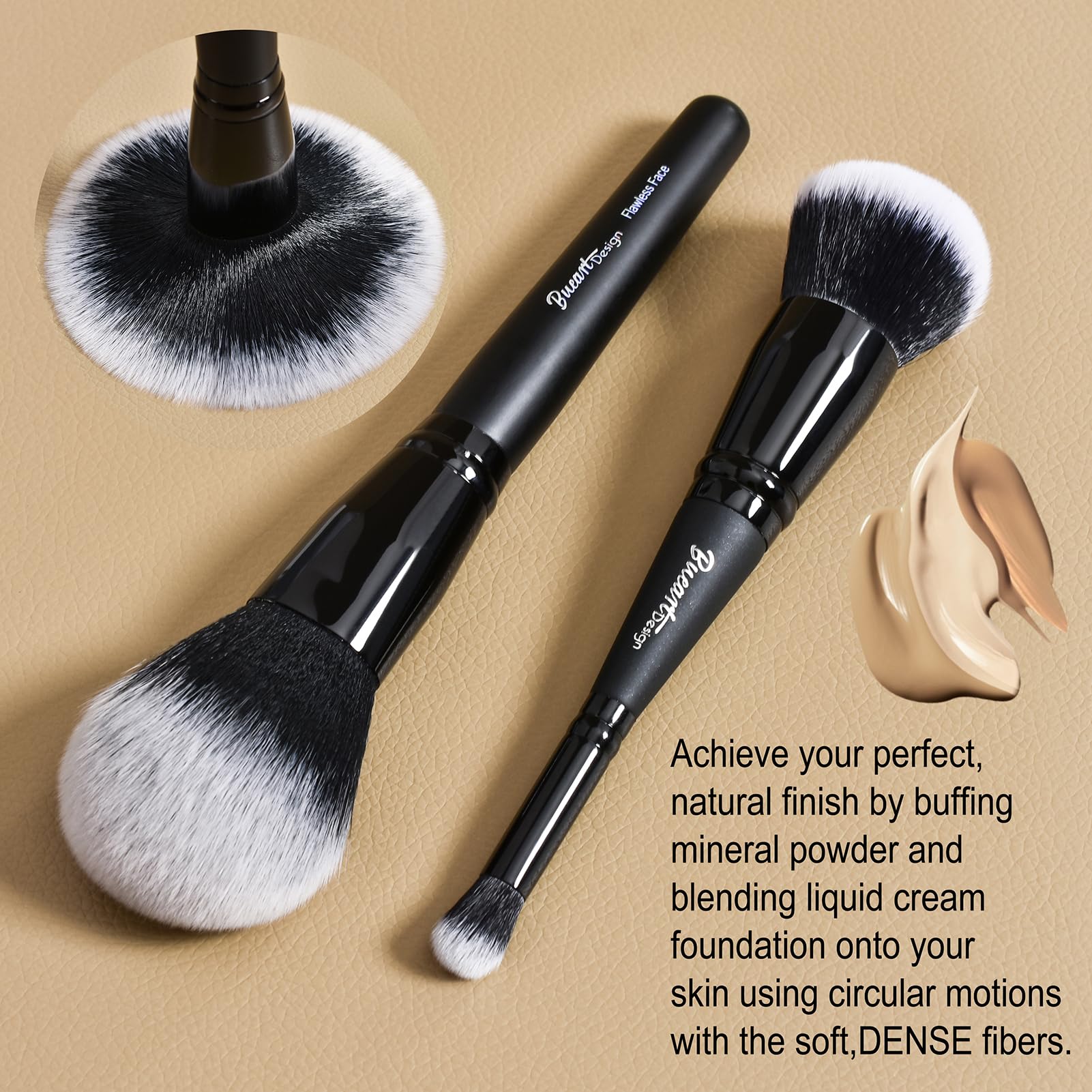 Bueart Design Duo Ended Foundation & Concealer Blending Makeup Brush Set - Flawless Fluff Large Face Brush for Liquid, Cream & Powder Cosmetics (2-Piece Value Pack) - Perfect for Contouring, Blush Application & Bronzer Buffing | Professional Makeup Tools for Everyday Beauty Routine & Special Occasions