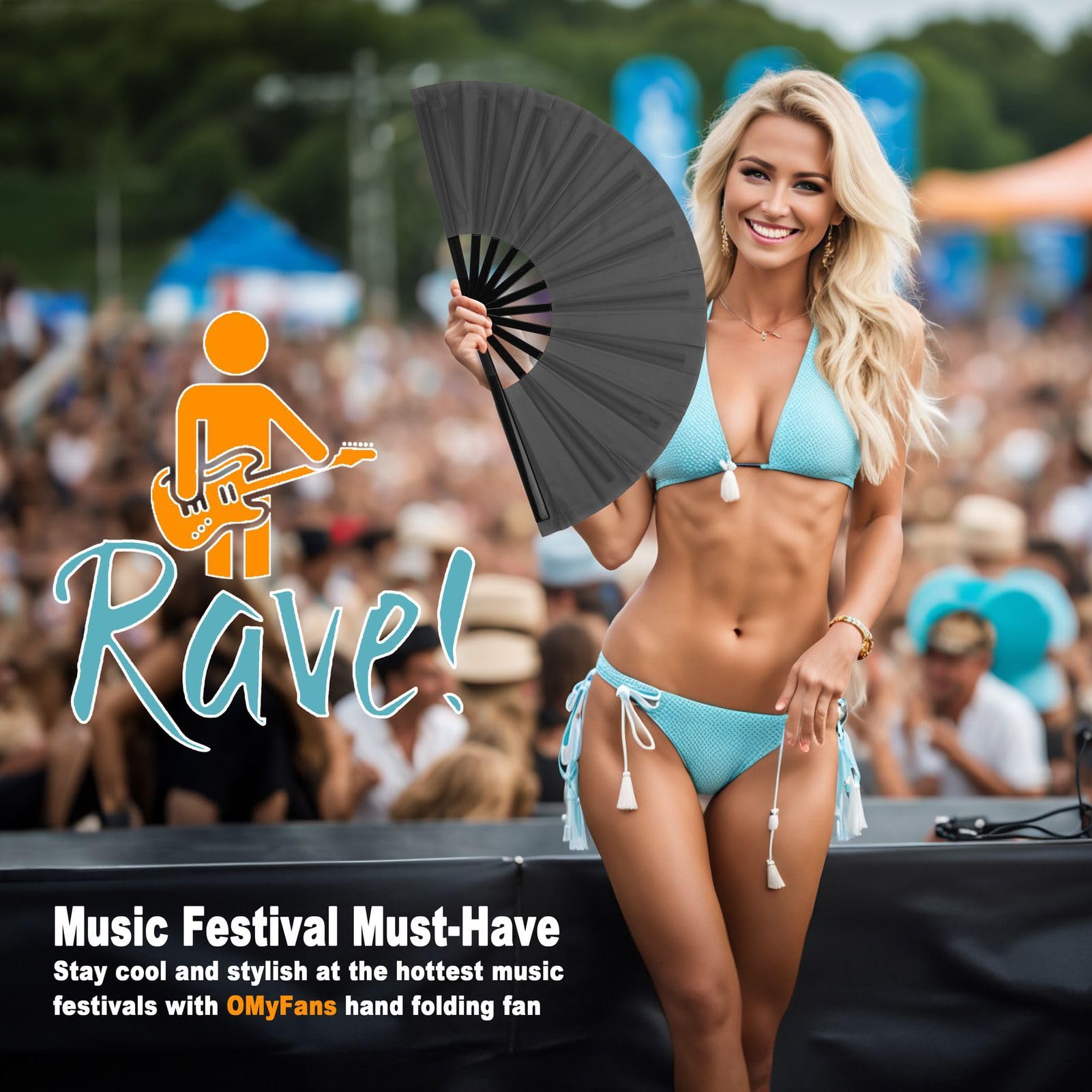 Large Rave Folding Hand Fan - Portable Chinese Tai Chi Kung Fu Fan for Dance, Yoga, Hot Flashes Relief - Perfect for EDM Festivals, Weddings, Church, Gifts & Home Decor (Black)