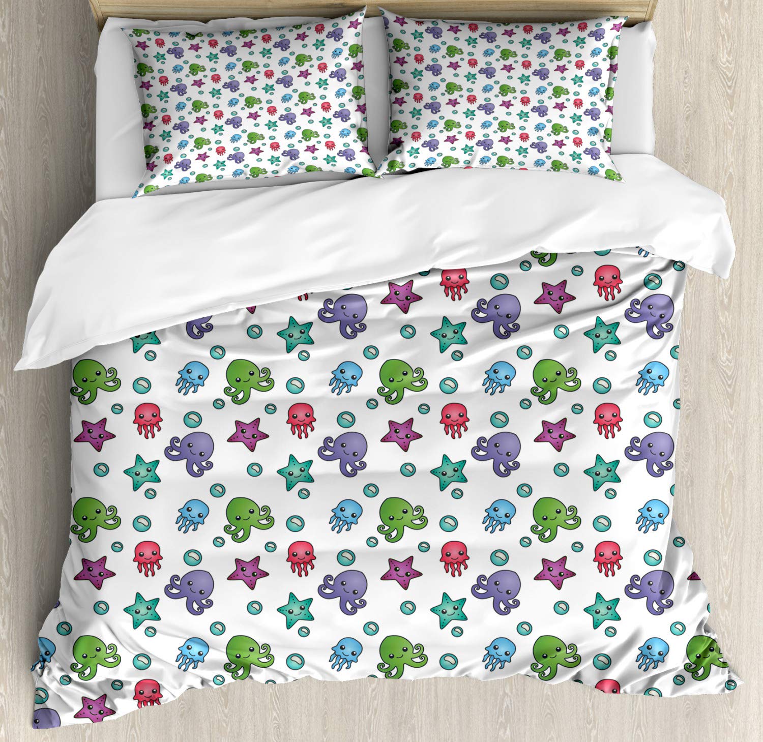 Ambesonne Aqua Jellyfish Duvet Cover Set - King Size 3-Piece Bedding with 2 Pillow Shams | Colorful Ocean Theme Featuring Happy Sea Animals, Octopus & Starfish | Perfect for Kids' Rooms, Beach House Decor & Underwater Themed Bedrooms