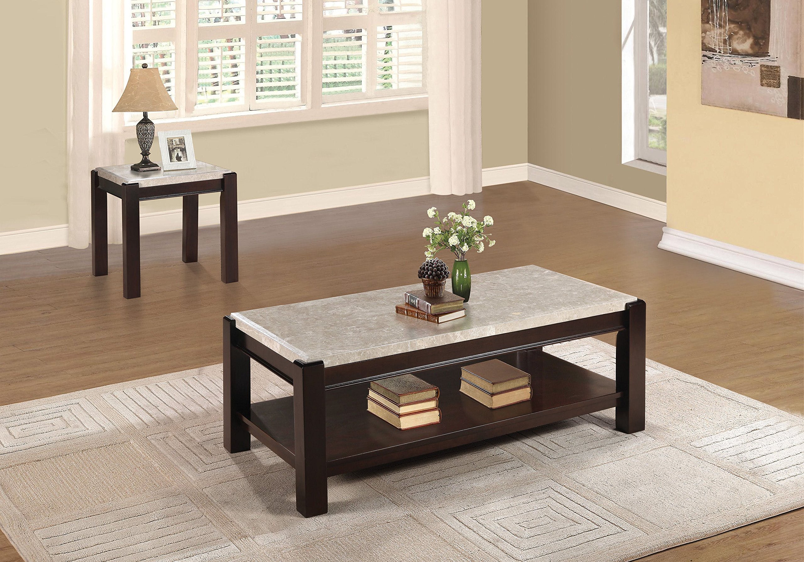 Benzara Brown Wooden Coffee Table with Marble Top - Modern Living Room Center Table for Home Decor, Office, Lounge & Cafe Use