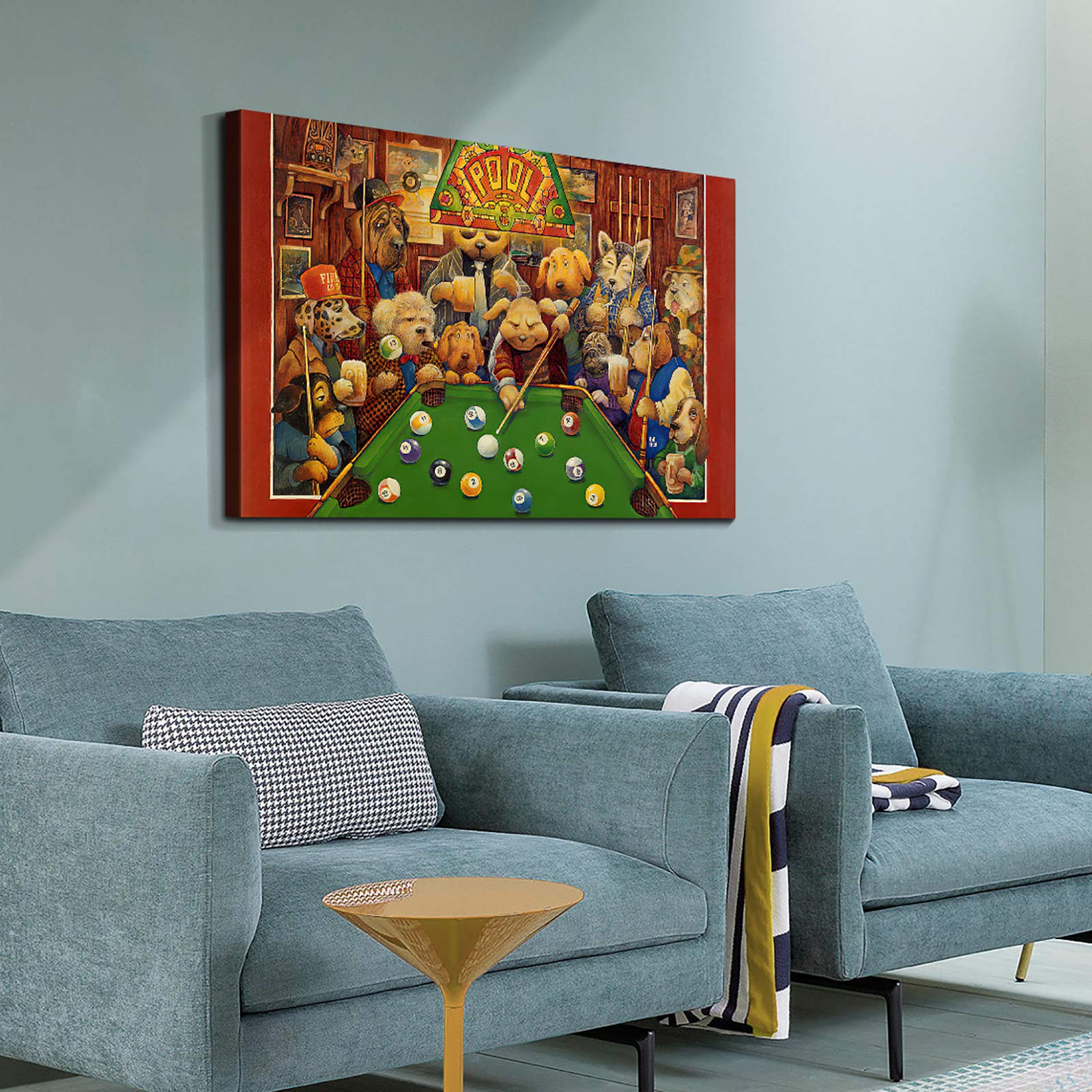 Denozer Dogs Playing Pool Oil Painting Reproduction - Cassius Marcellus Coolidge Billiards Art, Giclee Canvas Print Wall Decor (48x32 Inch) Ready to Hang - Perfect for Game Rooms, Man Caves & Entertainment Spaces