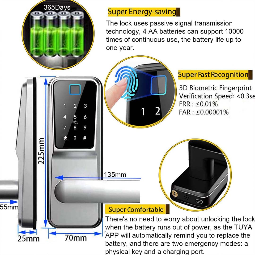Smart Fingerprint Door Lock - Keyless Entry Keypad with Biometric Code, WiFi Remote Control & Large Touch Screen for 35-65mm Doors | Secure Home, Office & Apartment Entry