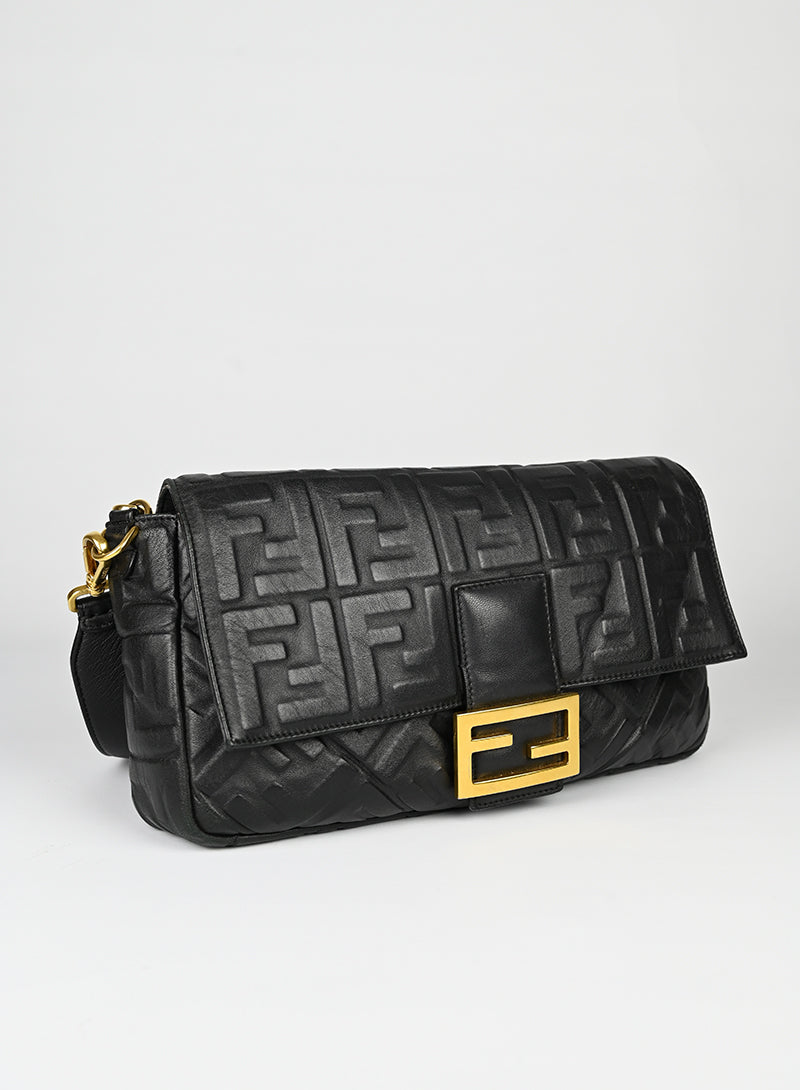 Fendi Black Leather Maxi Baguette Shoulder Bag with FF Logo - Perfect for Work, Travel & Evening Events