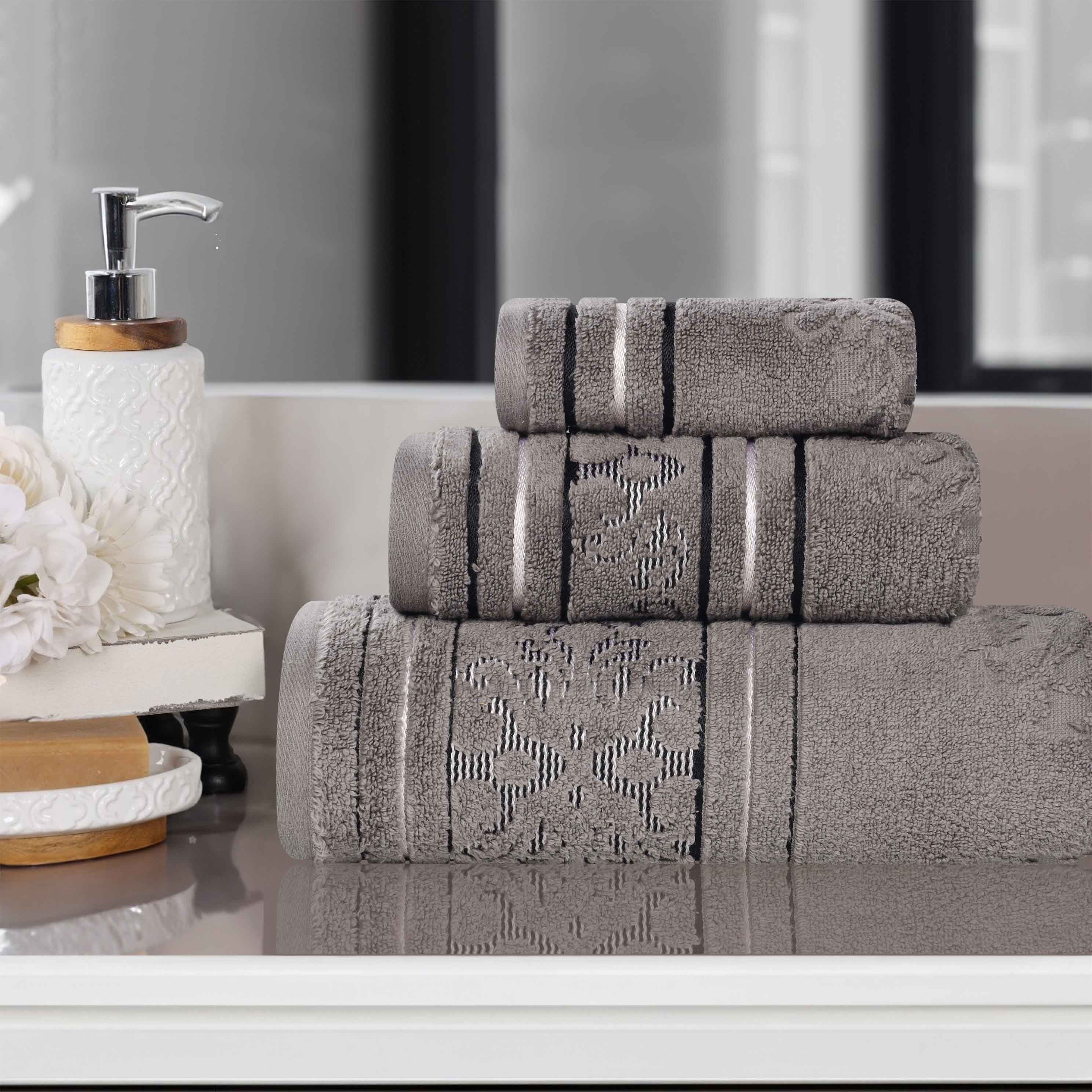 Premium 3-Piece Jacquard Towel Set - 100% Zero Twist Cotton with Elegant Floral Design - Ultra Soft & Absorbent Bath Towels for Spa, Guest Bathroom & Luxury Home Decor