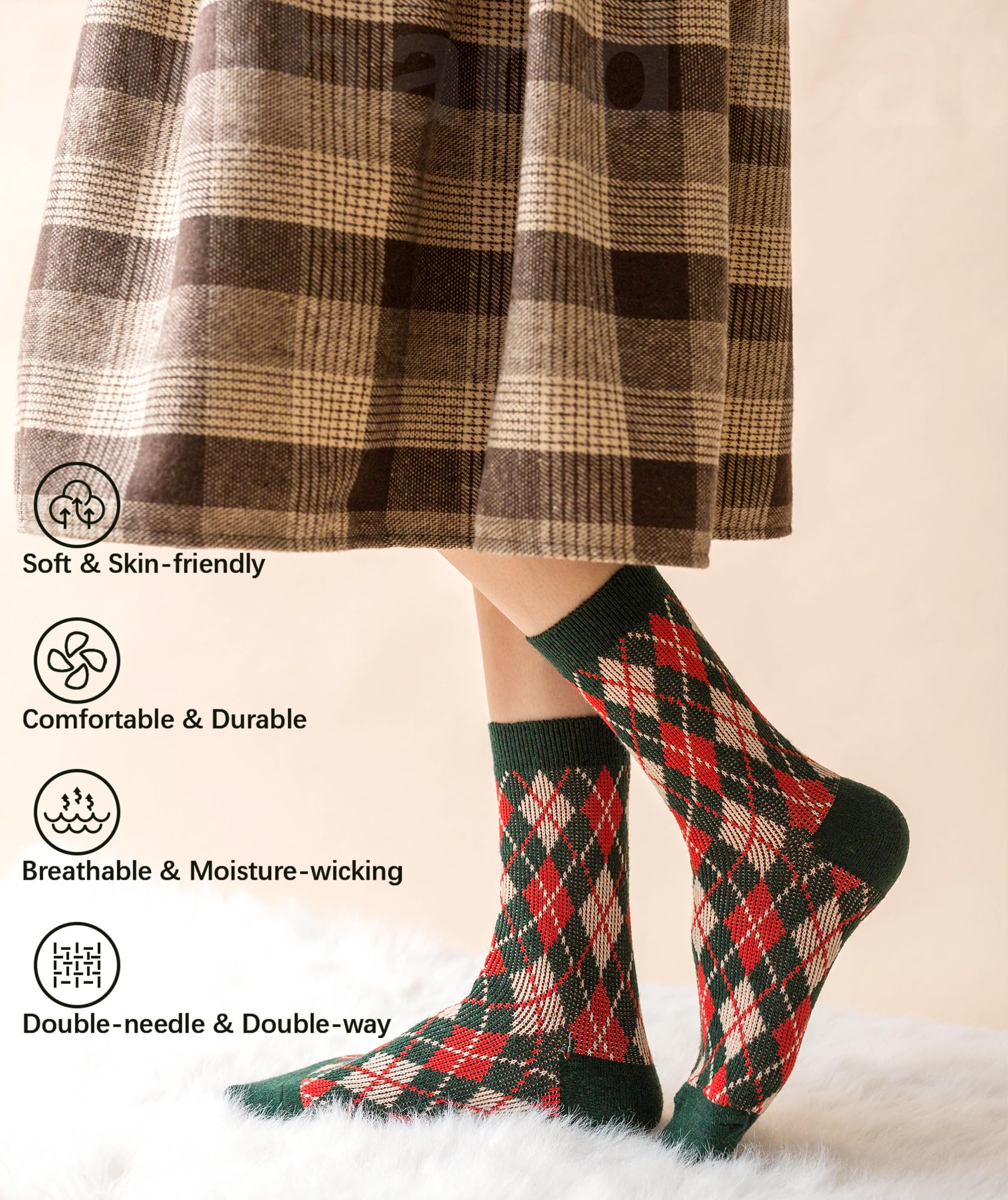 Vintage Wool Socks for Women - 5 Pairs Cozy Crew Socks with Unique Print - Perfect Christmas Gift & Winter Wear