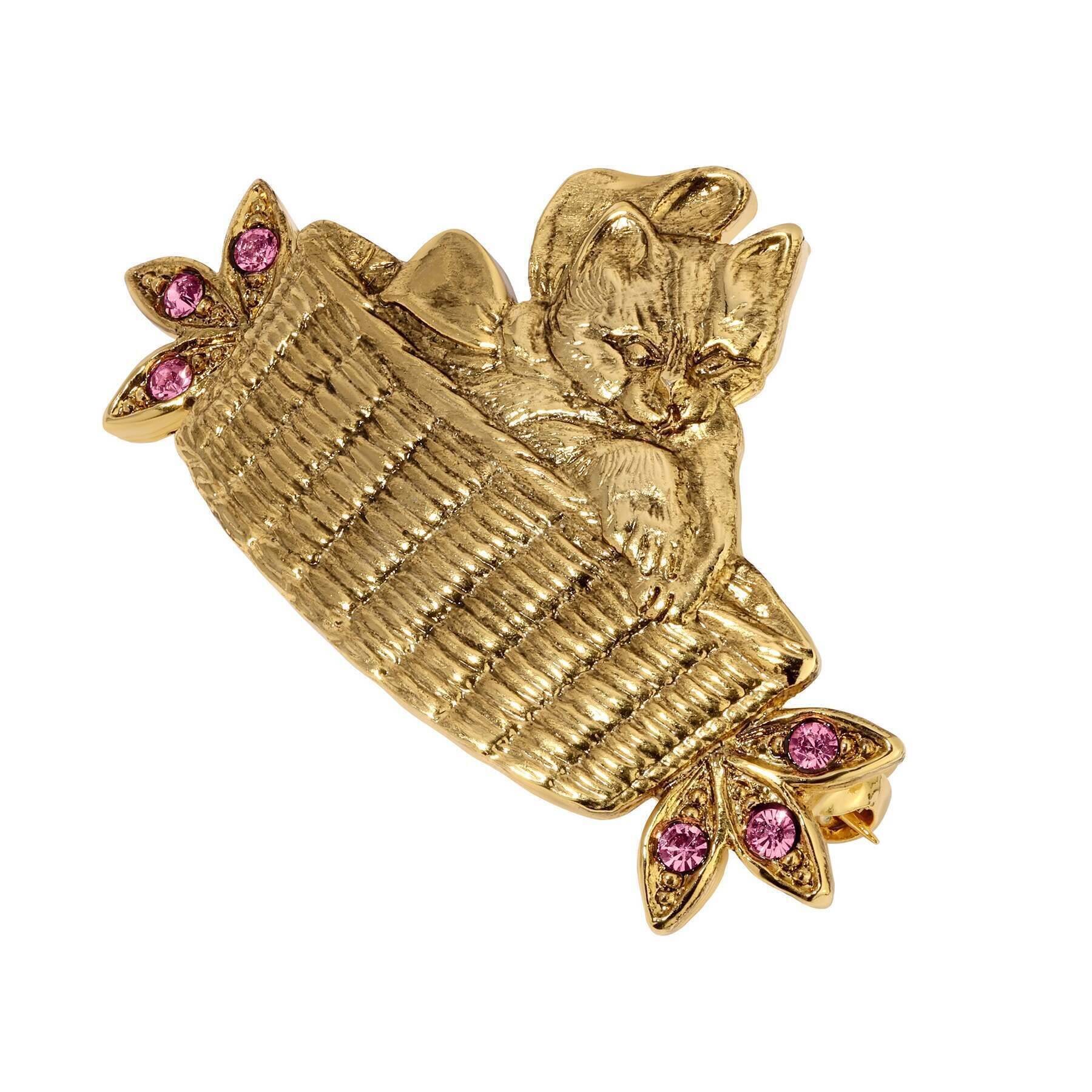 Vintage 1928 Bowtie Kitten in Basket Crystal Brooch Pin - Elegant Jewelry for Women, Perfect for Parties, Weddings & Special Occasions