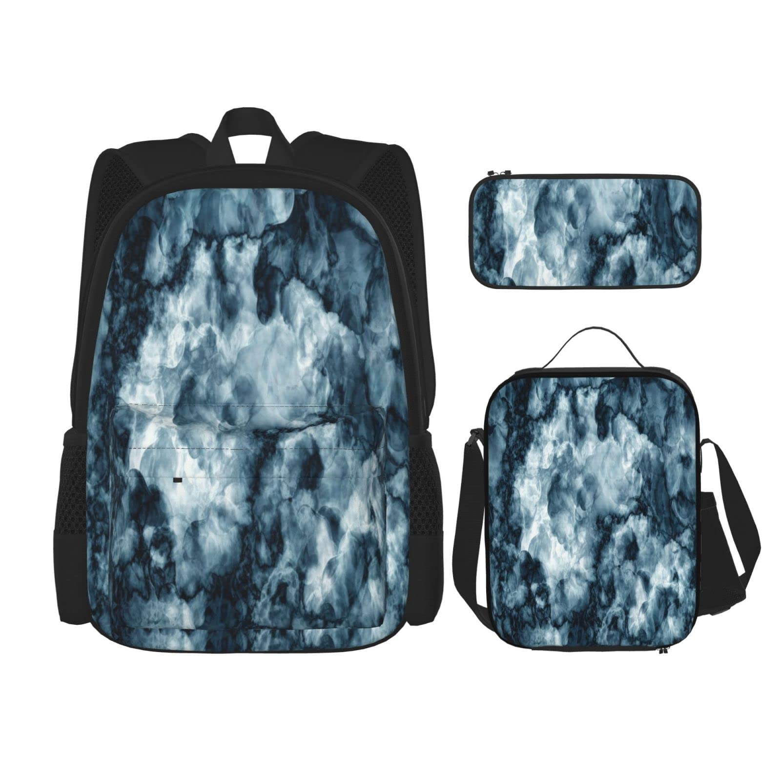 Vintage Marble Print 3-Piece Backpack Set with Distressed Motley Fractal Design - School, Work & Travel Backpack, Pencil Case & Lunch Bag Combo for Men, Women, Boys & Girls | Perfect for Daily Use, Office, College & Outdoor Adventures