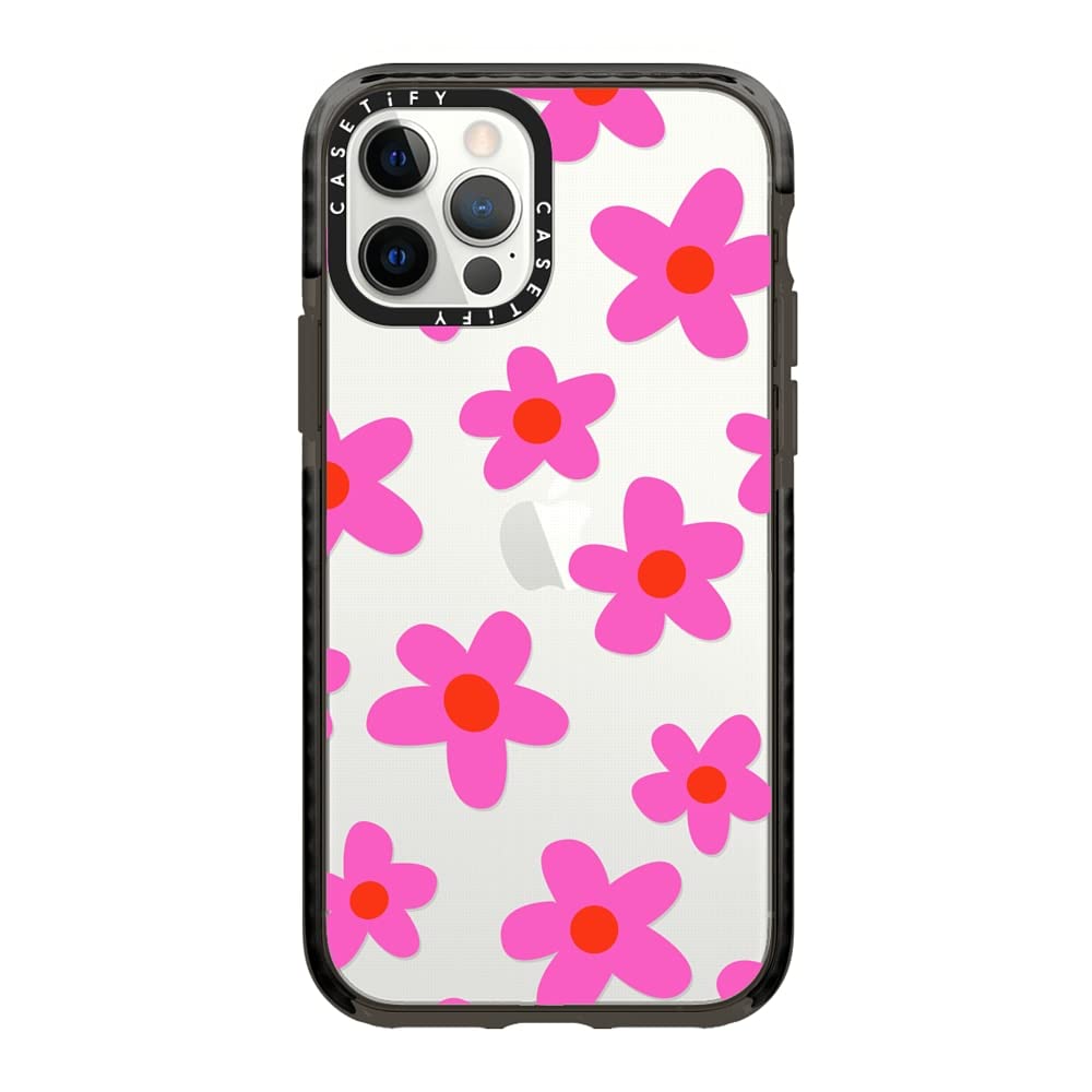 CASETiFY Impact Case for iPhone 12 & iPhone 12 Pro - Bold Retro 70s Floral Design in Pink & Black - Shockproof Clear Protective Phone Cover - Perfect for Everyday Use, Travel & Outdoor Activities