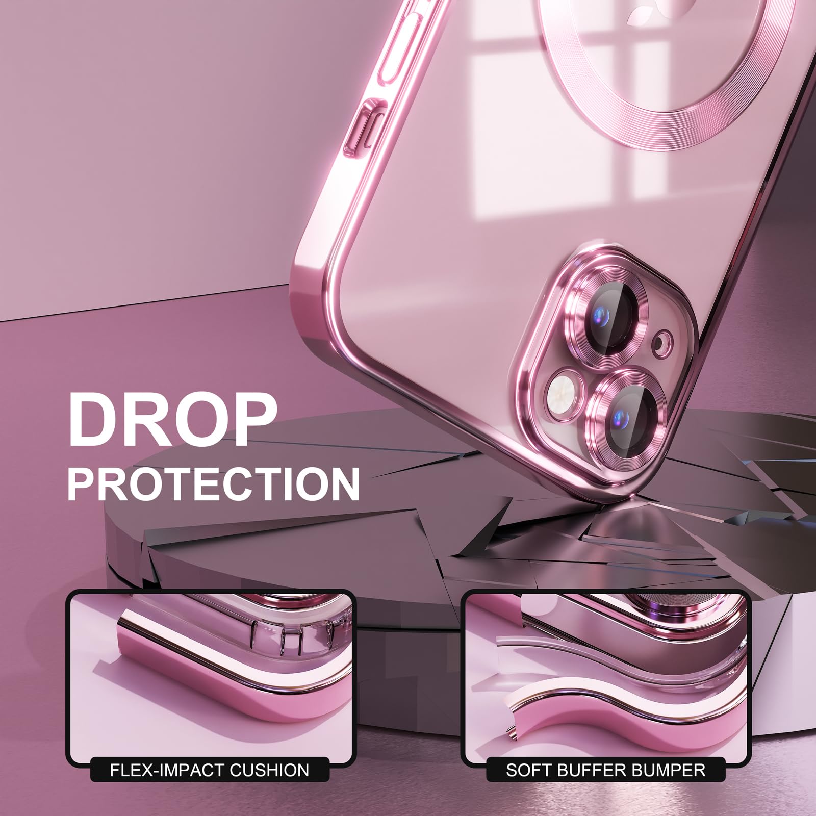 Misea Magnetic Clear iPhone 15 Case with MagSafe Compatibility | Anti-Yellowing | Military-Grade Drop Protection | Full Camera Lens Cover | Soft TPU Protective Phone Case for Women & Girls (Pink) | Perfect for Everyday Use, Work, Travel & Outdoor Activities