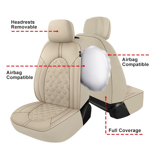 Premium PU Leather Car Seat Covers Full Set - Waterproof Universal Fit for Sedans, SUVs & Trucks (Beige/Beige Line) | Split Bench Design | Perfect for Daily Commute, Road Trips & Vehicle Protection