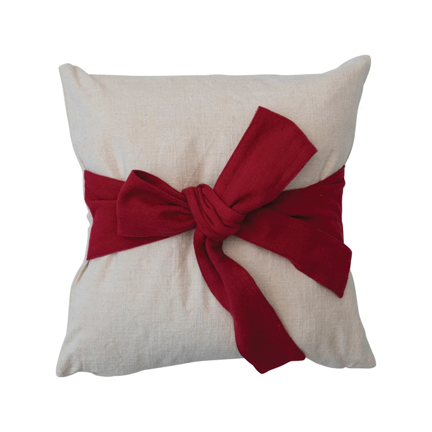 Hand Woven Cotton Slub Pillow with Red Bow - Boho Decorative Throw Pillow for Sofa, Bed & Home Decor - Perfect for Living Room, Bedroom & Nursery