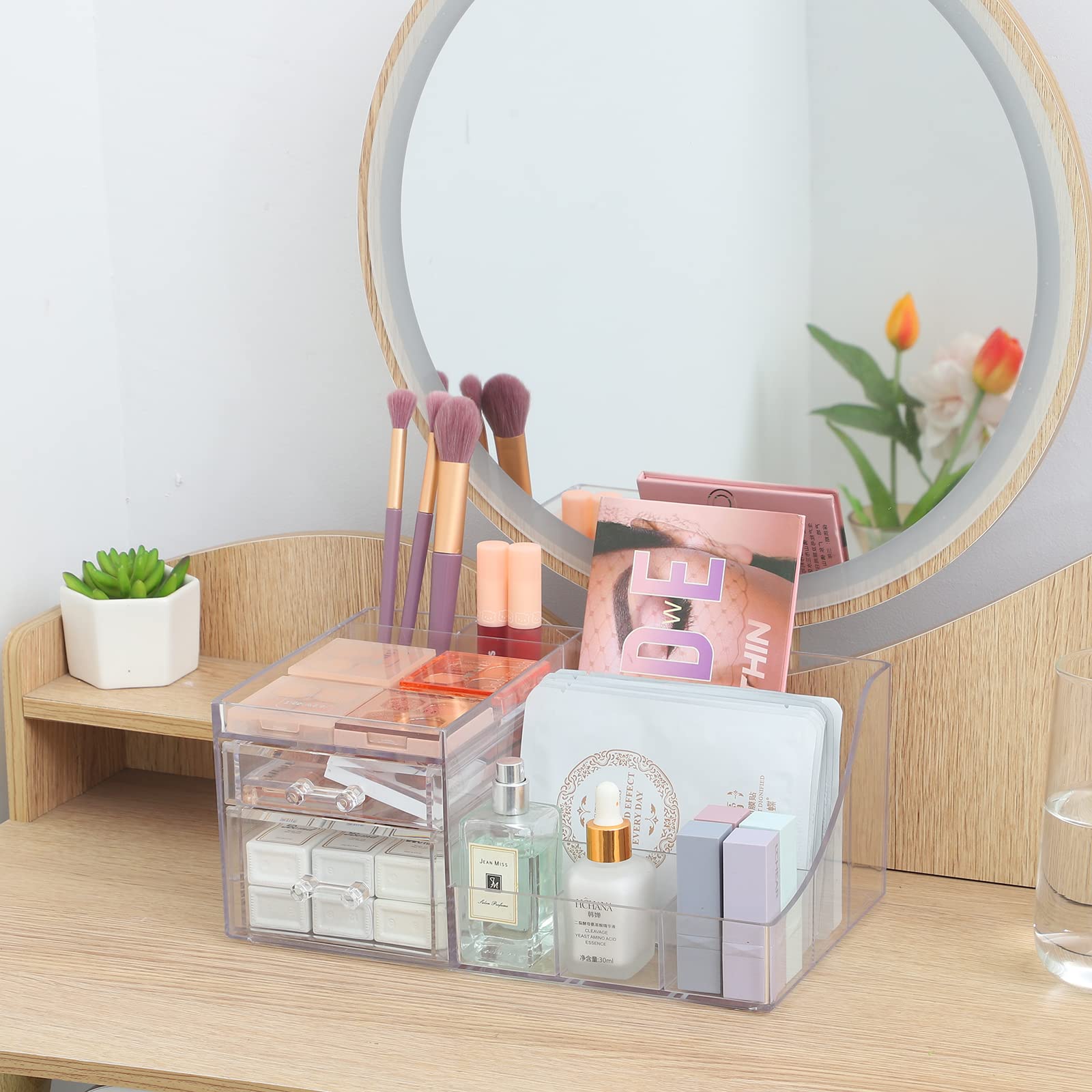 Clear Acrylic Skincare Organizer with 2 Stackable Drawers - Makeup & Jewelry Storage for Vanity, Hair Clips, Beauty Products - Perfect for Bedroom, Bathroom & Dressing Table Organization
