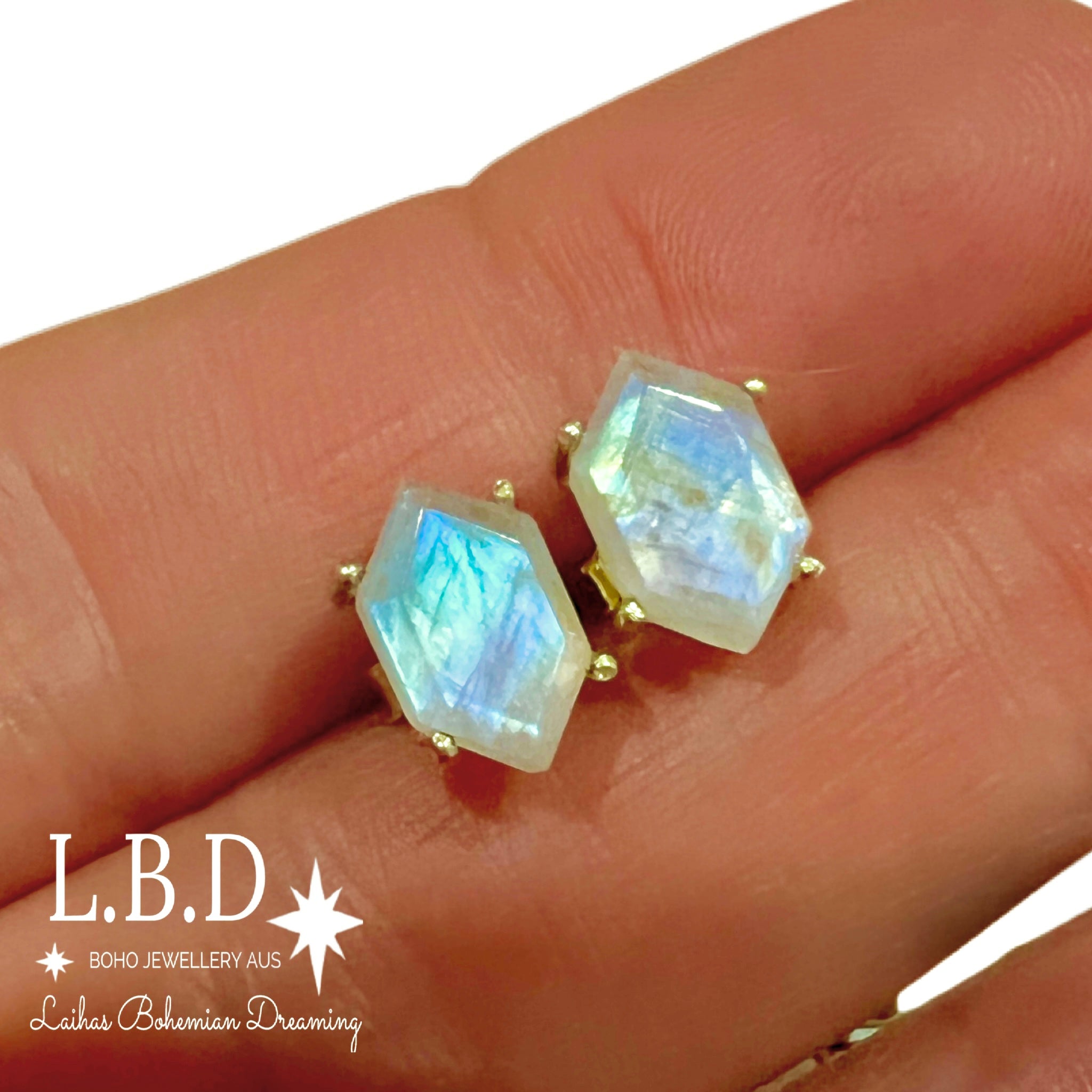 Hexagon Moonstone Gold Stud Earrings for Women – Elegant Boho Jewelry for Everyday Wear & Special Occasions