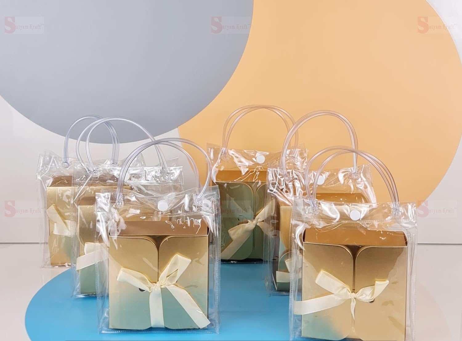 6-Piece Transparent Gift Bags with Golden Folding Boxes & Ribbons - Perfect for Wedding Favors, Birthday Party Favors, Valentine's Day Gifts, Chocolate & Dry Fruit Packaging (6 Bags + 6 Boxes) - Elegant Gift Wrapping Solution for Special Occasions