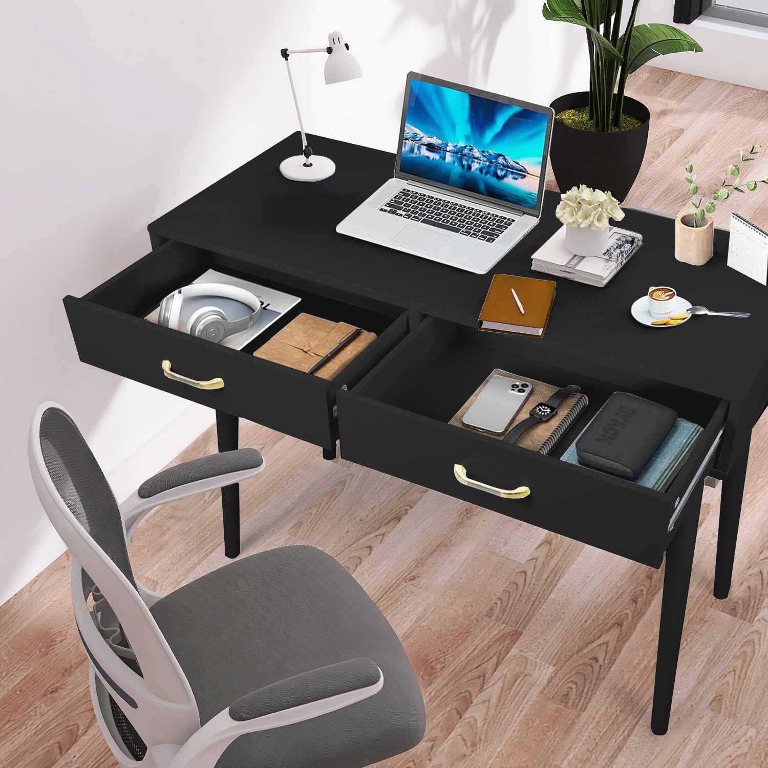 Modern Small White Desk with 2 Drawers - Compact Writing Desk for Small Spaces, Home Office & Study Desk, Laptop Computer Workstation, Bedroom Makeup Vanity Table (Black) | Perfect for Apartments, Dorms & Cozy Workspaces