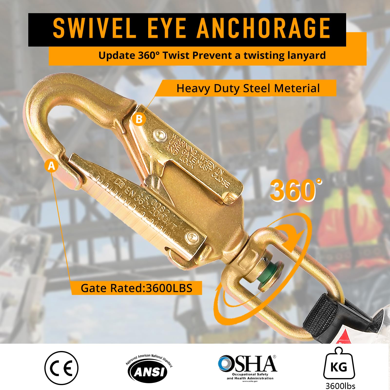TRSMIMA 6FT Self-Retracting Safety Lanyard - ANSI OSHA Class B Fall Arrest System for Roofing & Construction | Heavy Duty Fall Protection Equipment for Workers at Heights