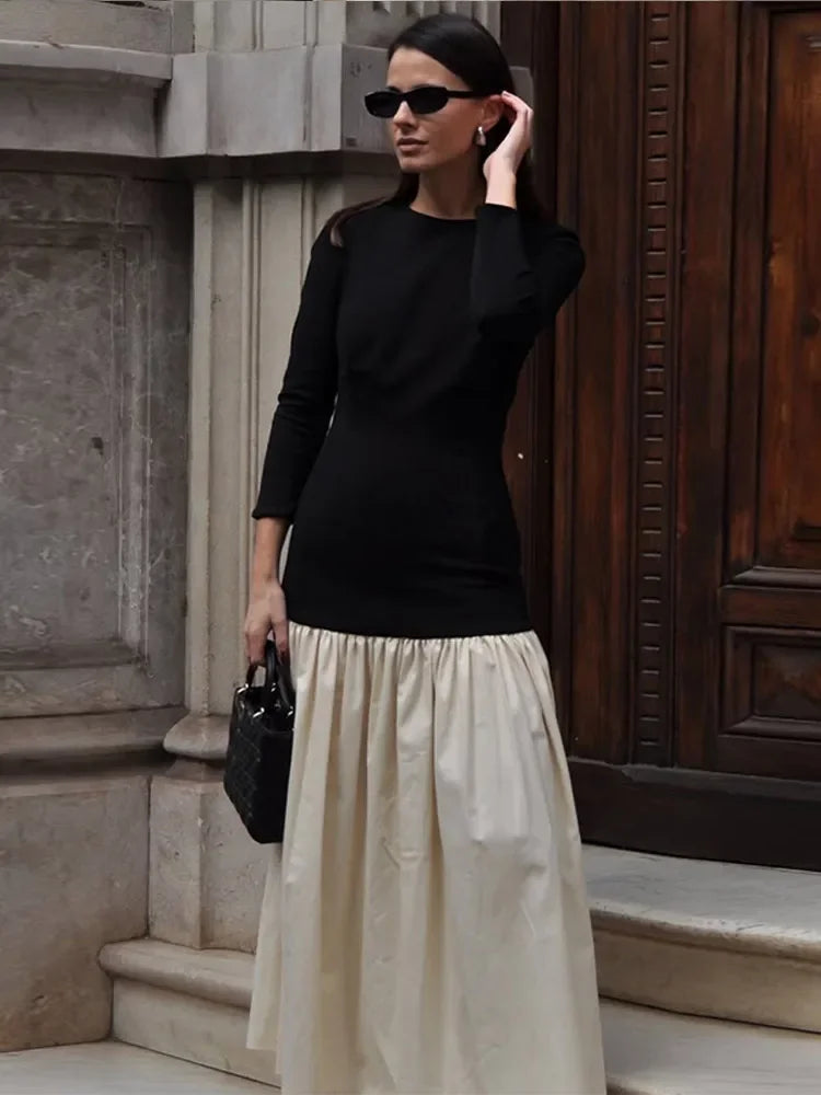 Elegant Round Neck Long Sleeve Slim Women's Robe Dress with Contrast Spliced Pleated Hem - Formal Evening Gown for Parties, Weddings & Special Occasions