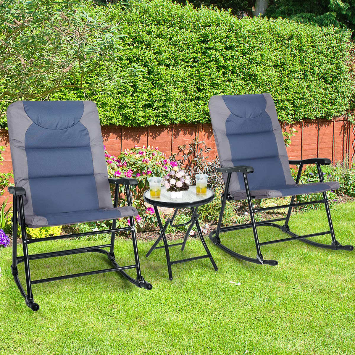 Tangkula 3-Piece Folding Bistro Set - Outdoor Rocking Chairs with Round Glass Top Table, Patio Furniture for Backyard, Garden, Poolside & Porch (Blue) | Perfect for Relaxing, Entertaining & Small Space Living