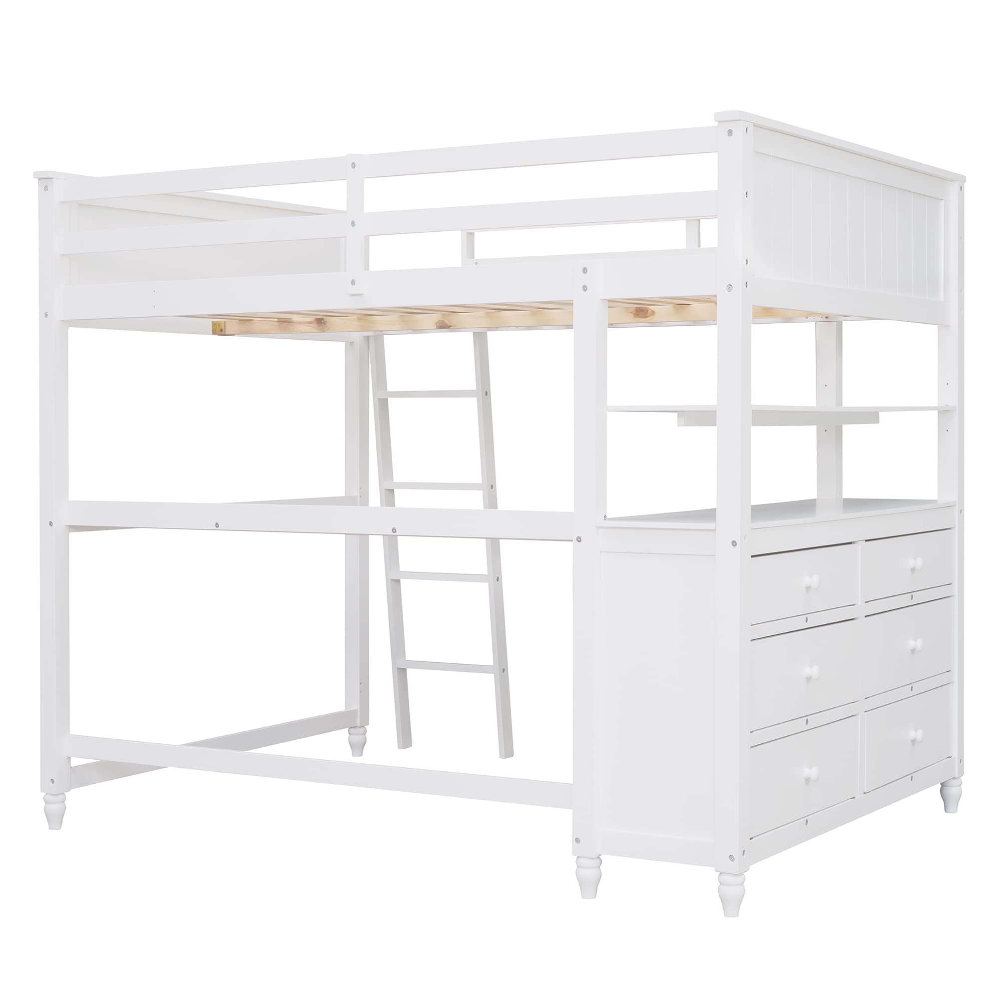 Full Size Loft Bed with Desk & Storage Drawers - Sturdy Wooden Bunk Bed with Safety Guardrails, Ladder, Headboard & Footboard - Space-Saving High Loft Bed for Kids, Teens & Adults (White) - Perfect for Small Bedrooms, Dorms & Studio Apartments