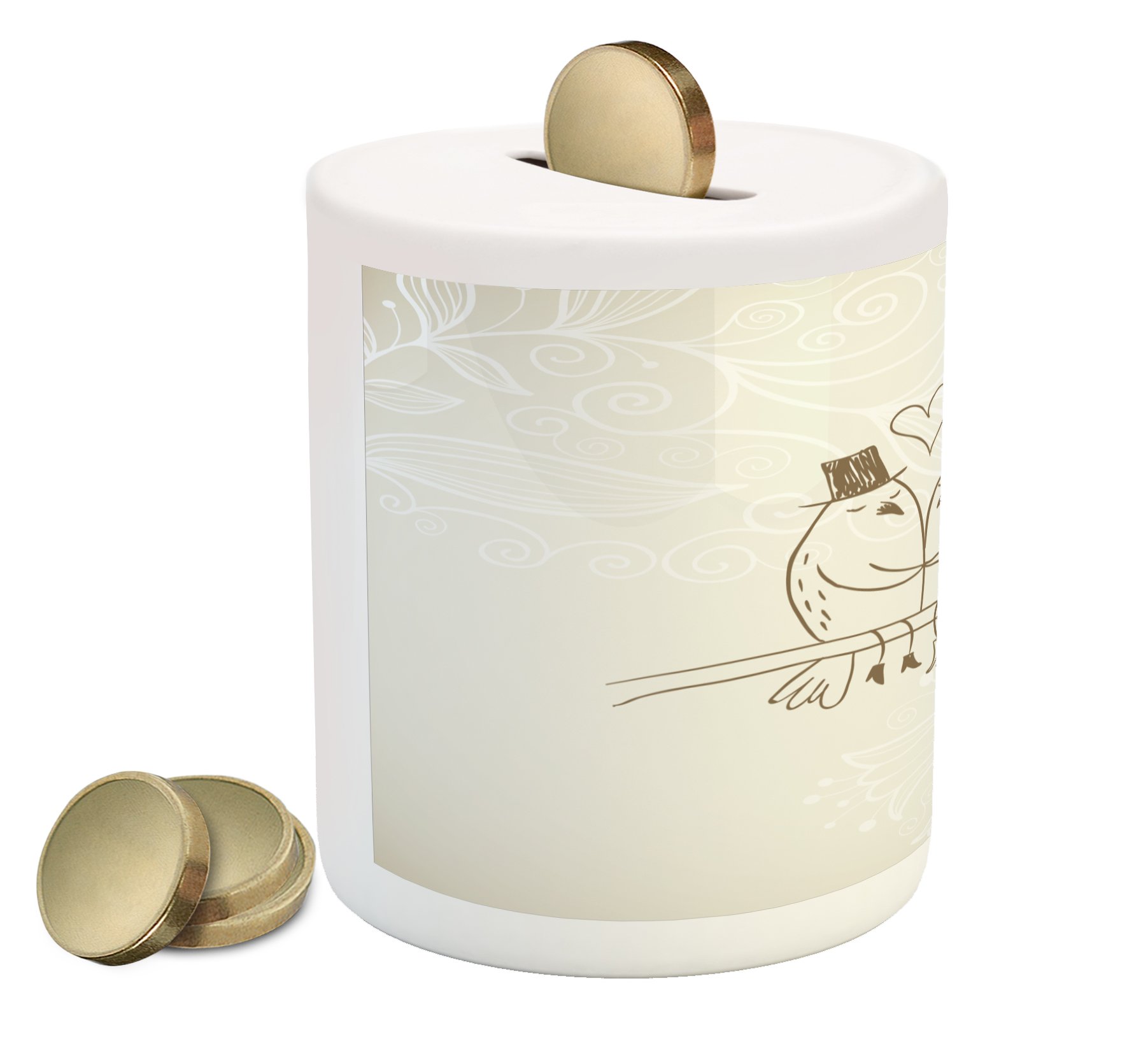 Ambesonne Wedding Piggy Bank - Romantic Hand-Painted Ceramic Coin Bank with Two Love Birds on Branch, Grey & White Money Box for Cash Savings - Perfect Gift for Couples, Anniversaries & Newlyweds