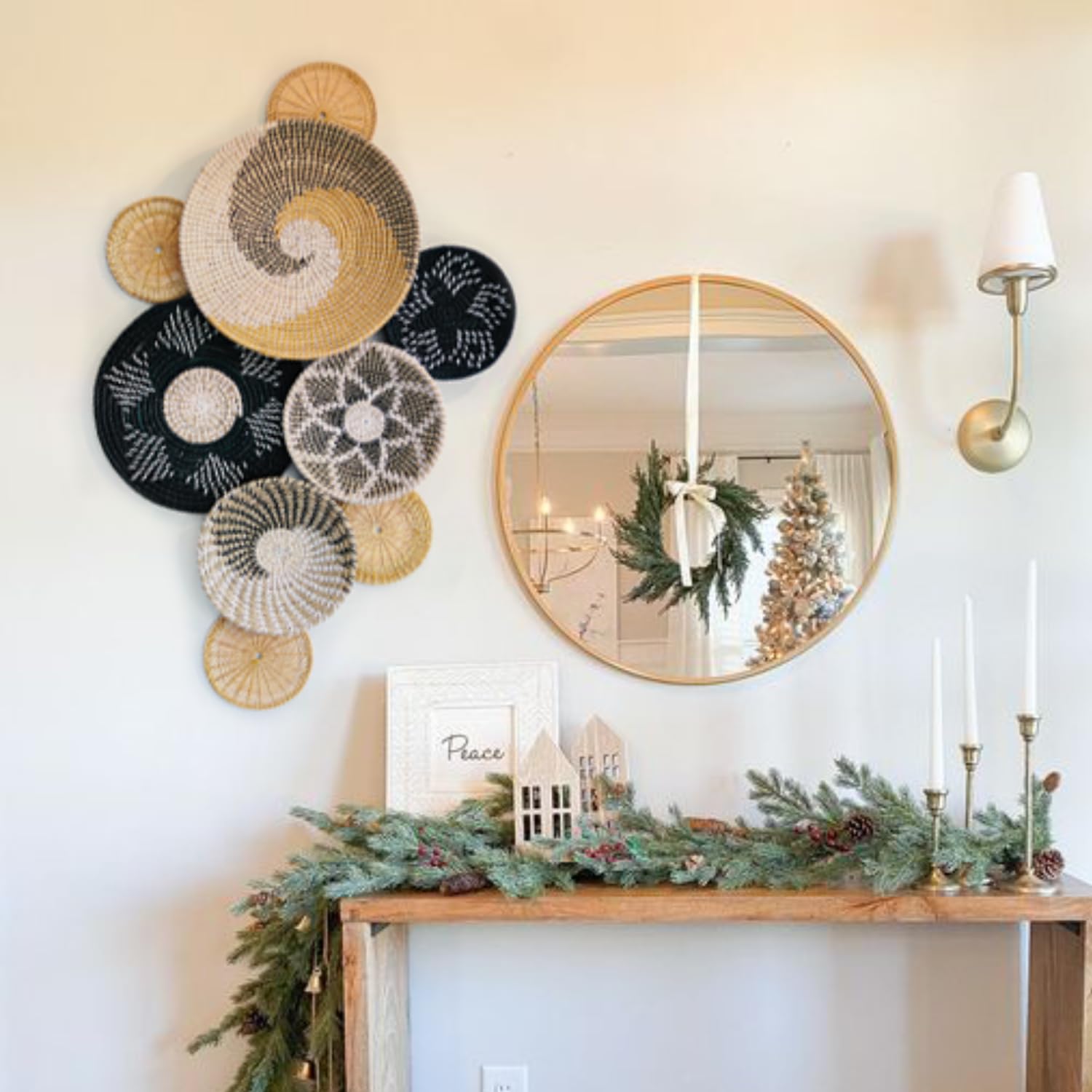 9-Piece Boho Wall Basket Decor Set - 100% Natural Seagrass & Wicker Wall Hanging Decor - Handmade Woven Wall Baskets from Vietnam - Rustic Home Decor for Living Room, Bedroom & Boho Style Interior Design
