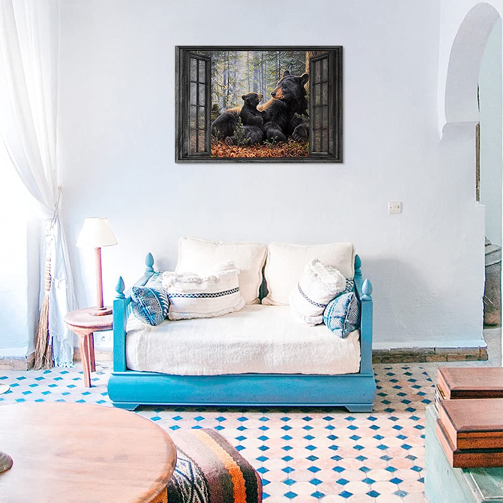 GUBIYU Black Bear Wall Art Canvas Painting - Cute Mother and Son Bear Forest Picture, Fake Window Poster, Wildlife Decor for Kids Room (40x28 inch, Ready to Hang) - Perfect Nursery Decor, Children's Bedroom Wall Art & Wildlife Themed Home Decor
