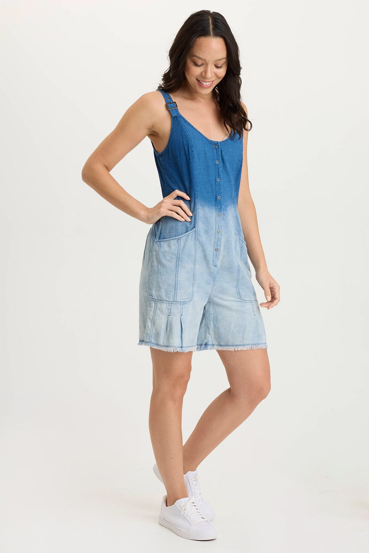 Sauni Indigo Twill & Jersey Adjustable Romper for Women - Comfortable and Stylish One-Piece Jumpsuit for Casual Wear, Summer Outfits, and Travel