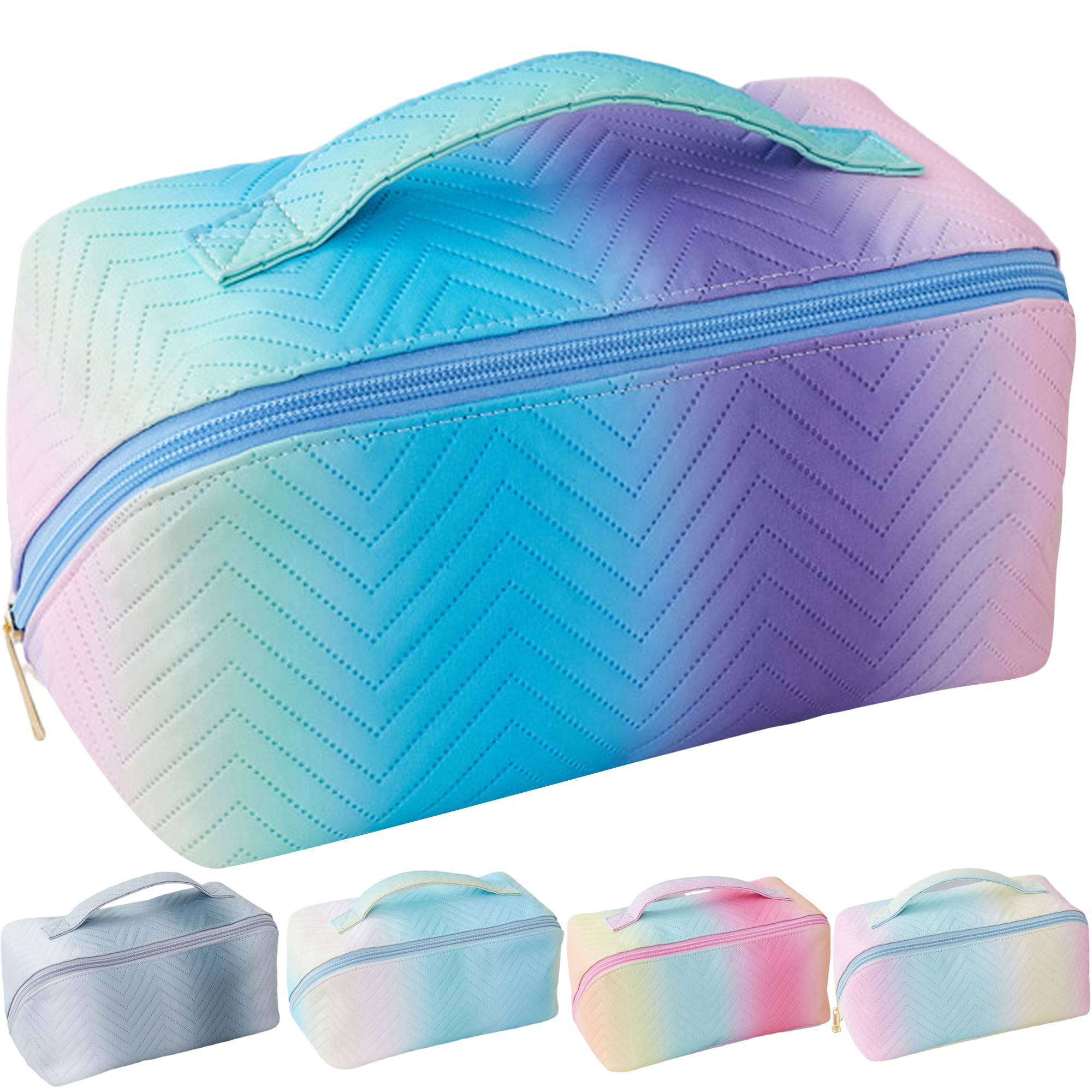 Premium Leather Waterproof Makeup Bag for Women - Large Travel Cosmetic Organizer with Compartments, Purple Lay Flat Toiletry Bag - Perfect for Travel, Gym, and Daily Essentials (Iris Design)