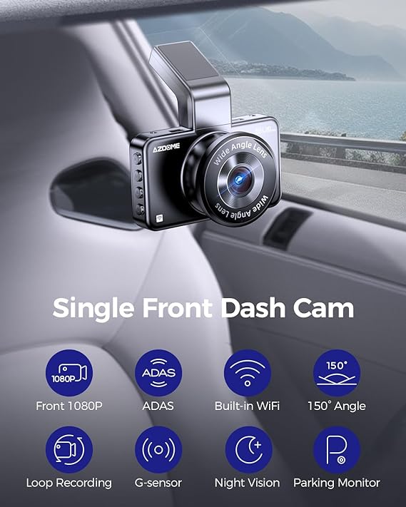 AZDOME M17 1080P WiFi Dash Camera with ADAS, 3-Inch Screen & 24H Parking Mode - Front Car Camera for Night Vision, Accident Recording, and Security Surveillance