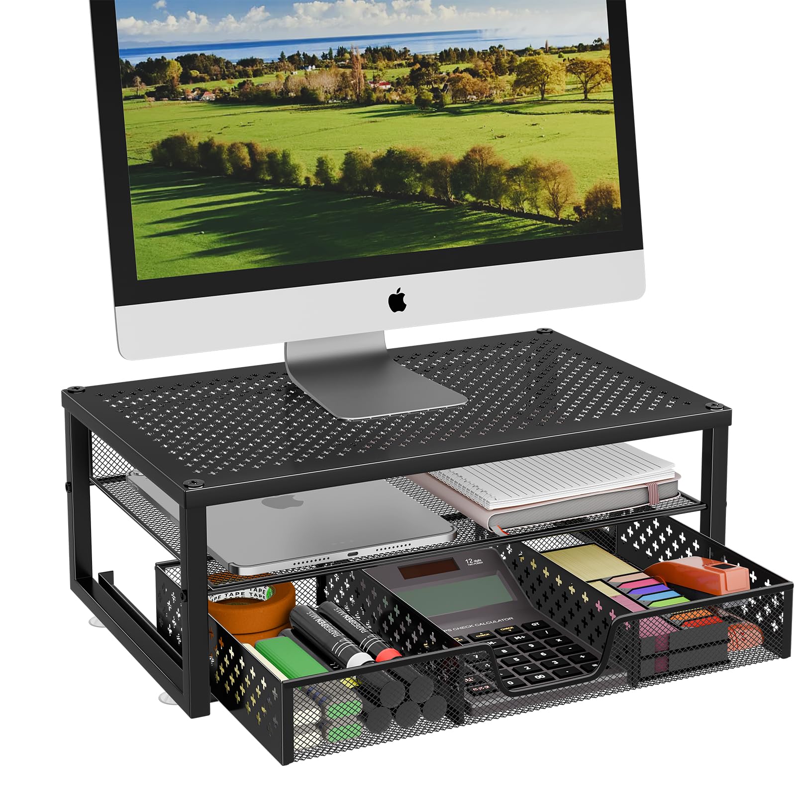 Black Metal Monitor Stand Riser with Storage Drawer - Ergonomic Desk Organizer for Laptop, Computer & iMac - Perfect for Home Office & Workspace Organization