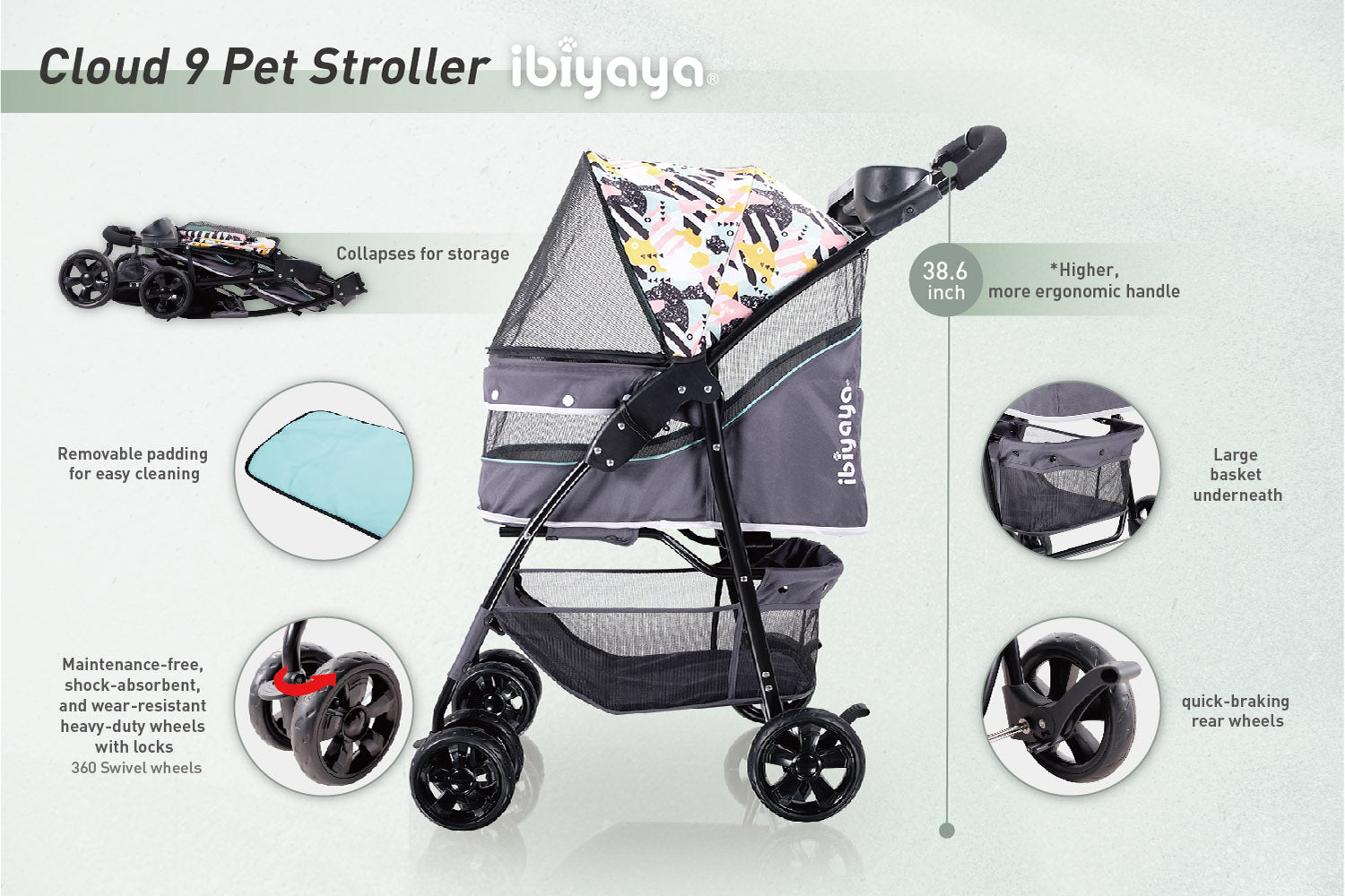 Premium Cloud 9 Pet Stroller for Small to Medium Cats & Dogs - Lightweight, Foldable Design Holds Pets Up to 20kg (44lbs) - Mint Green for Stylish Walks in Parks & Shopping Trips