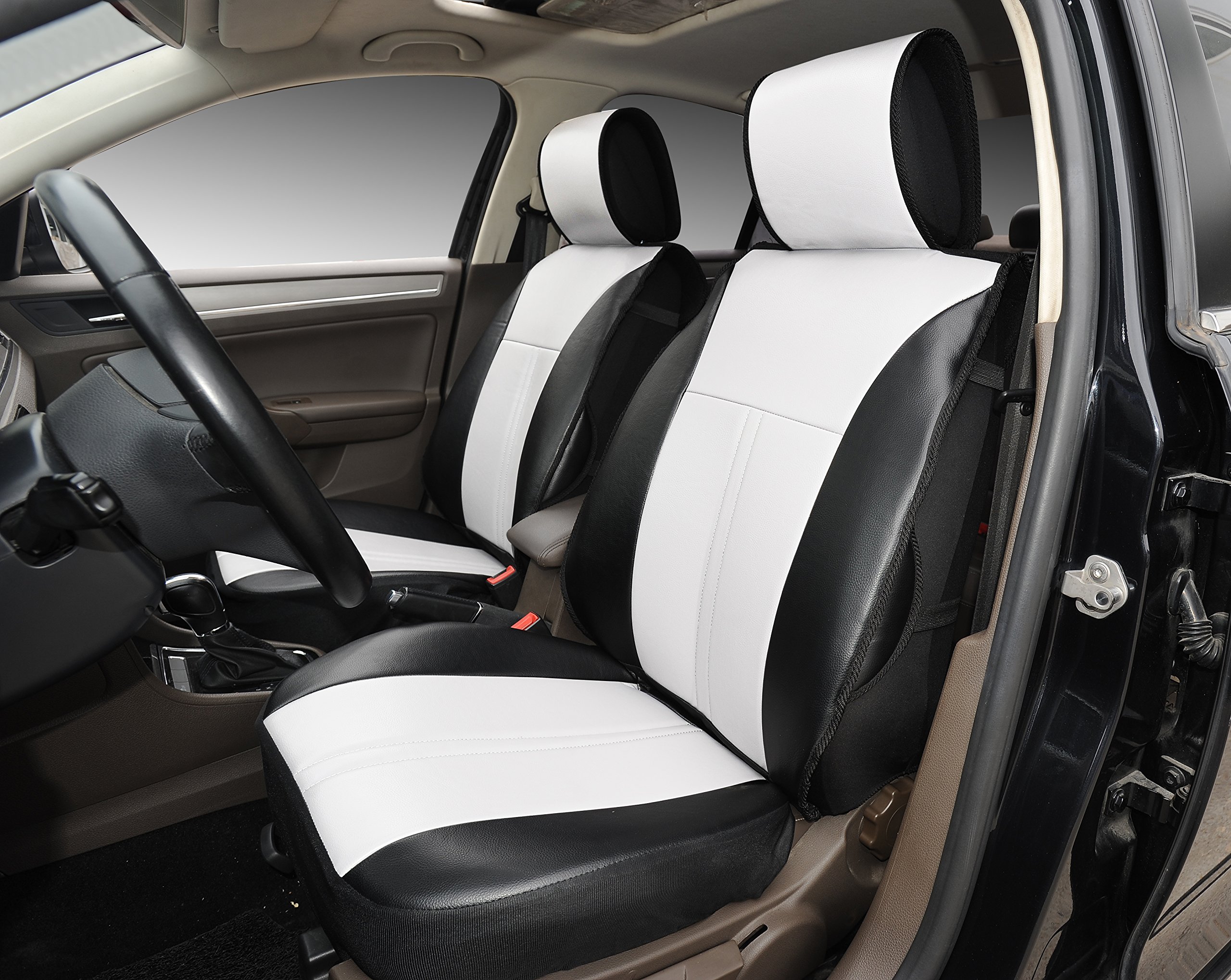 Universal Black & White Vinyl Leather Car Seat Covers - Front Pair (2-Piece Set) for Cars, Trucks & SUVs - Waterproof & Comfortable Seat Protectors for Daily Commute & Road Trips