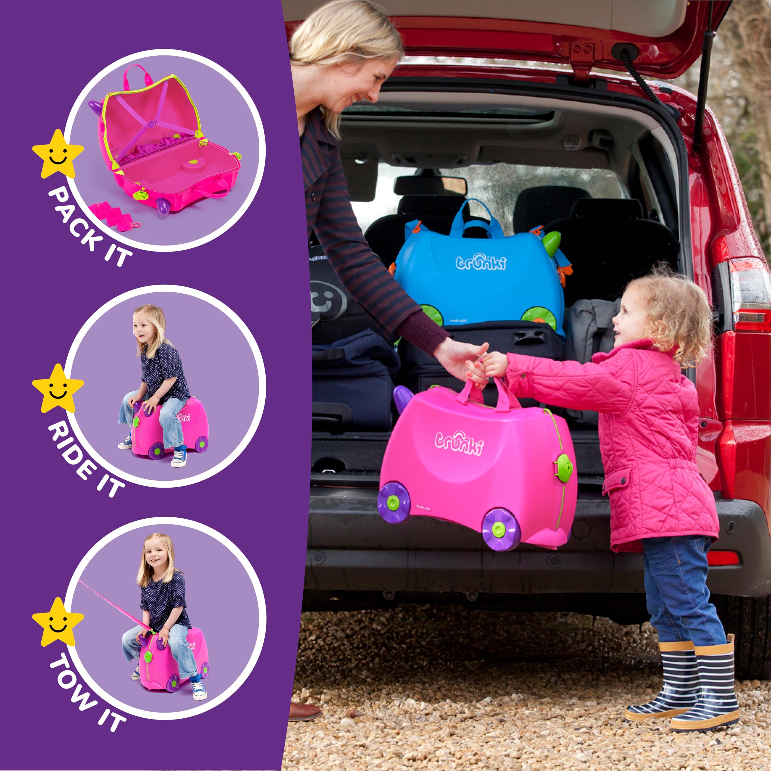 Trunki Ride-On Kids Suitcase - Tow-Along Toddler Luggage with Wheels | Cute Carry-On Travel Bag for Girls | Airplane Essentials & Kids Travel Accessories | Perfect for Family Trips & Airports (Trixie Girl Pink)