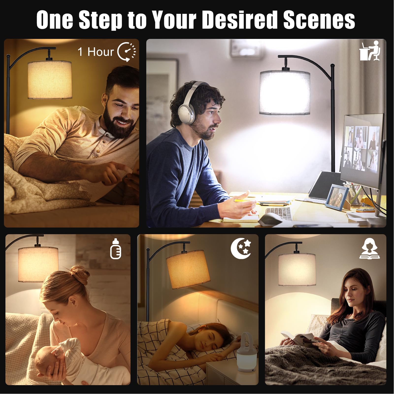 2025 Modern LED Arc Floor Lamp - 12W 1200LM Adjustable Standing Light with Remote Control & Linen Shade, 12 Color Temperature Stepless Dimmable Tall Lamp for Living Room, Bedroom, Office - Perfect for Reading, Relaxation & Ambient Lighting