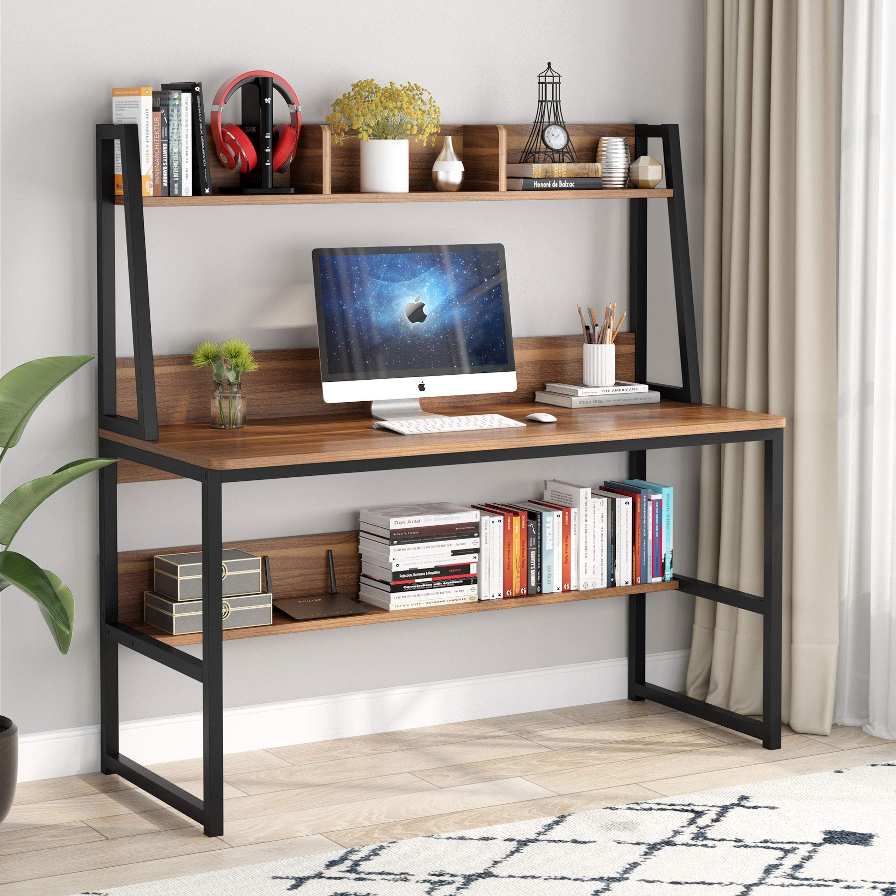 Tribesigns 47 Inch Modern Computer Desk with Hutch & Bookshelf - Sturdy Home Office Desk, Study Writing Table in Dark Walnut - Perfect for Remote Work, Gaming & Small Space Home Offices