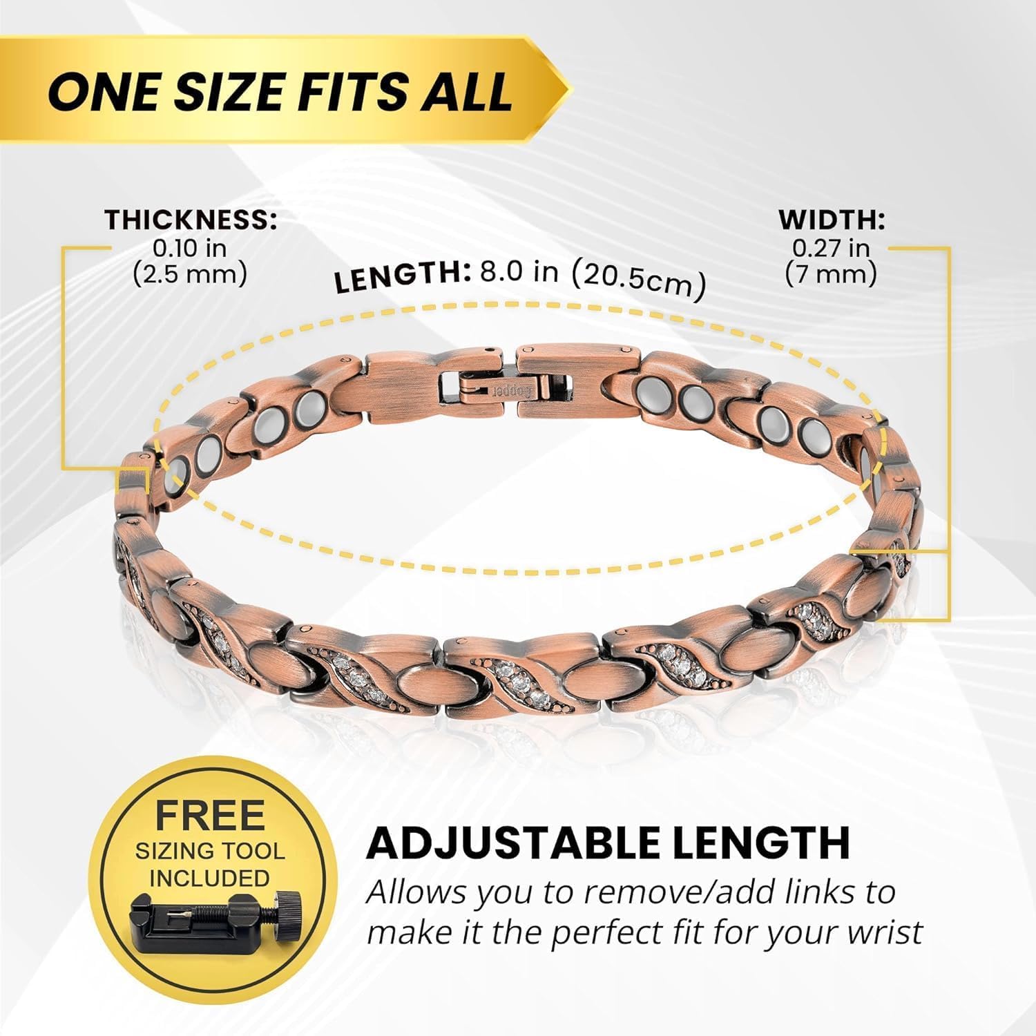 MagnetRX Copper Magnetic Bracelet for Women – Adjustable Ultra Strength Crystal Bracelet with Sizing Tool – Pain Relief & Arthritis Support – Perfect for Daily Wear & Wellness (Crystal XO Style)