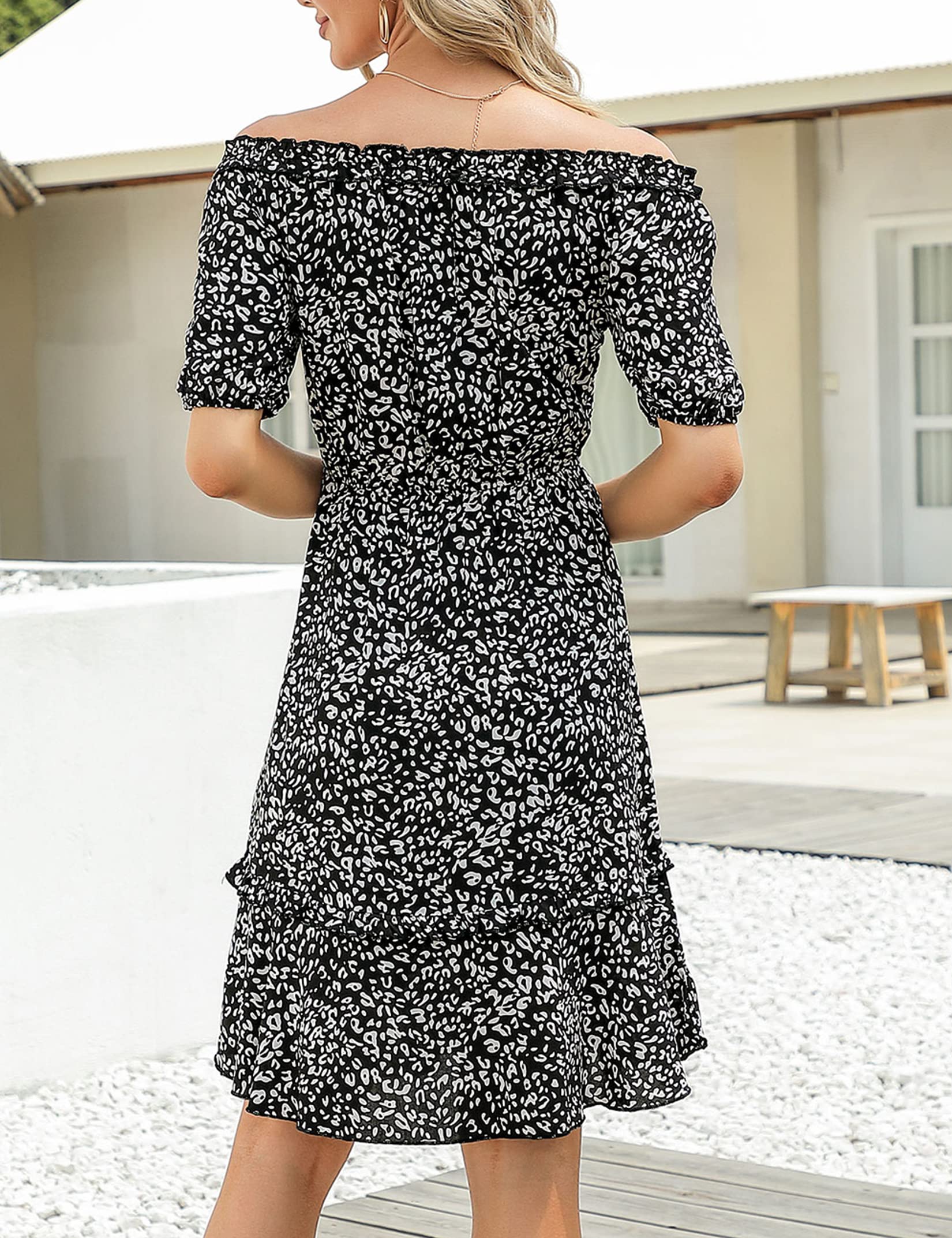 MISSKY Women's Off The Shoulder Ruffle Trim Boho Floral A-Line Dress with Puffy Sleeves - Perfect for Fall Weddings, Guest Parties & Special Occasions