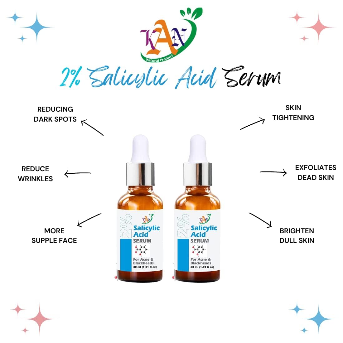 Kan Natural 2% Salicylic Acid Serum for Acne Treatment - BHA Exfoliant for Blackheads, Open Pores & Oily Skin - Reduces Excess Oil & Improves Skin Texture - 30ml (1 Pack) | Best for Daily Skincare Routine & Acne-Prone Skin Care