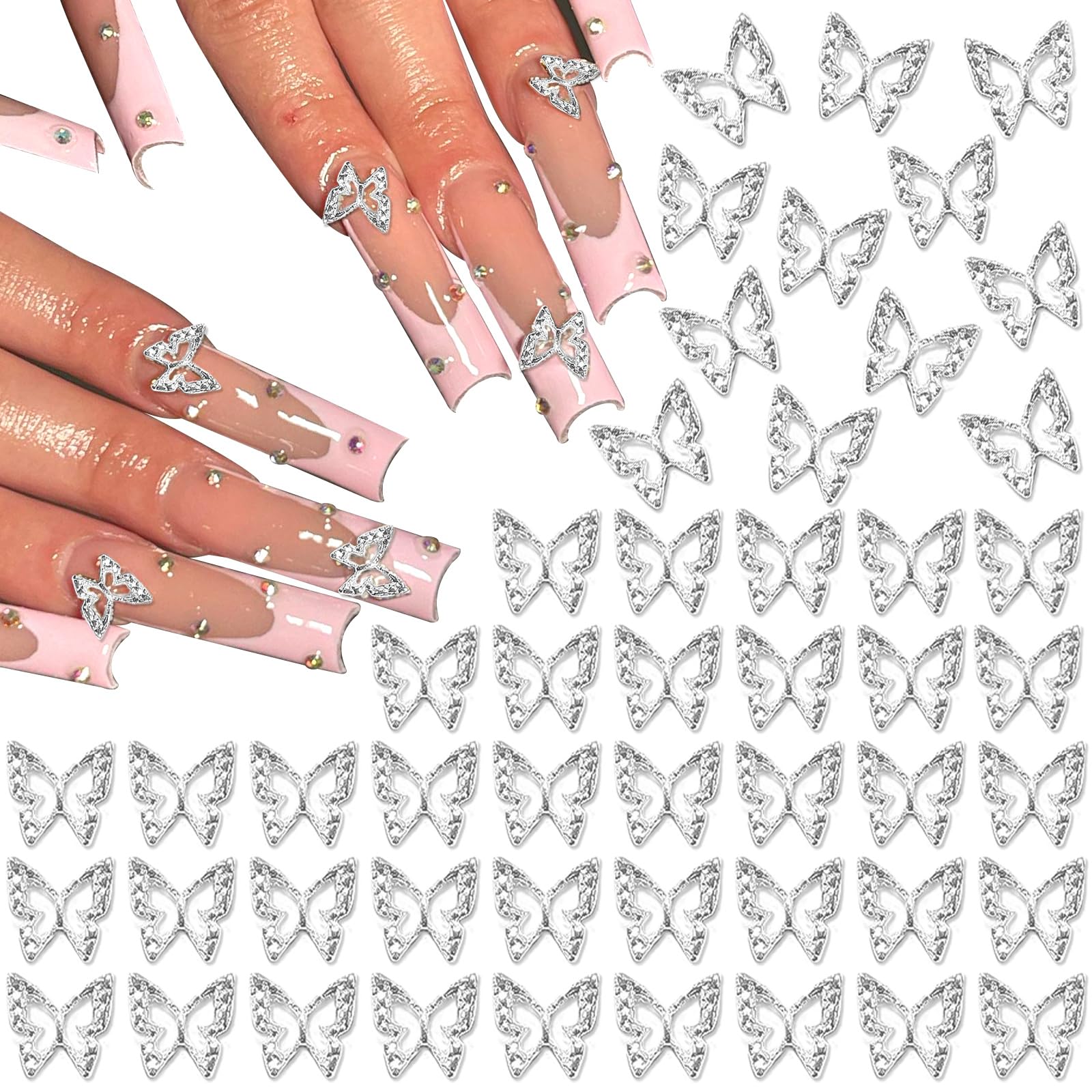 3D Silver Butterfly Nail Charms - 50PCS Alloy Nail Gems for Manicure, DIY Nail Art & Nail Decoration | Perfect for Acrylic Nails, Gel Polish & Professional Nail Design