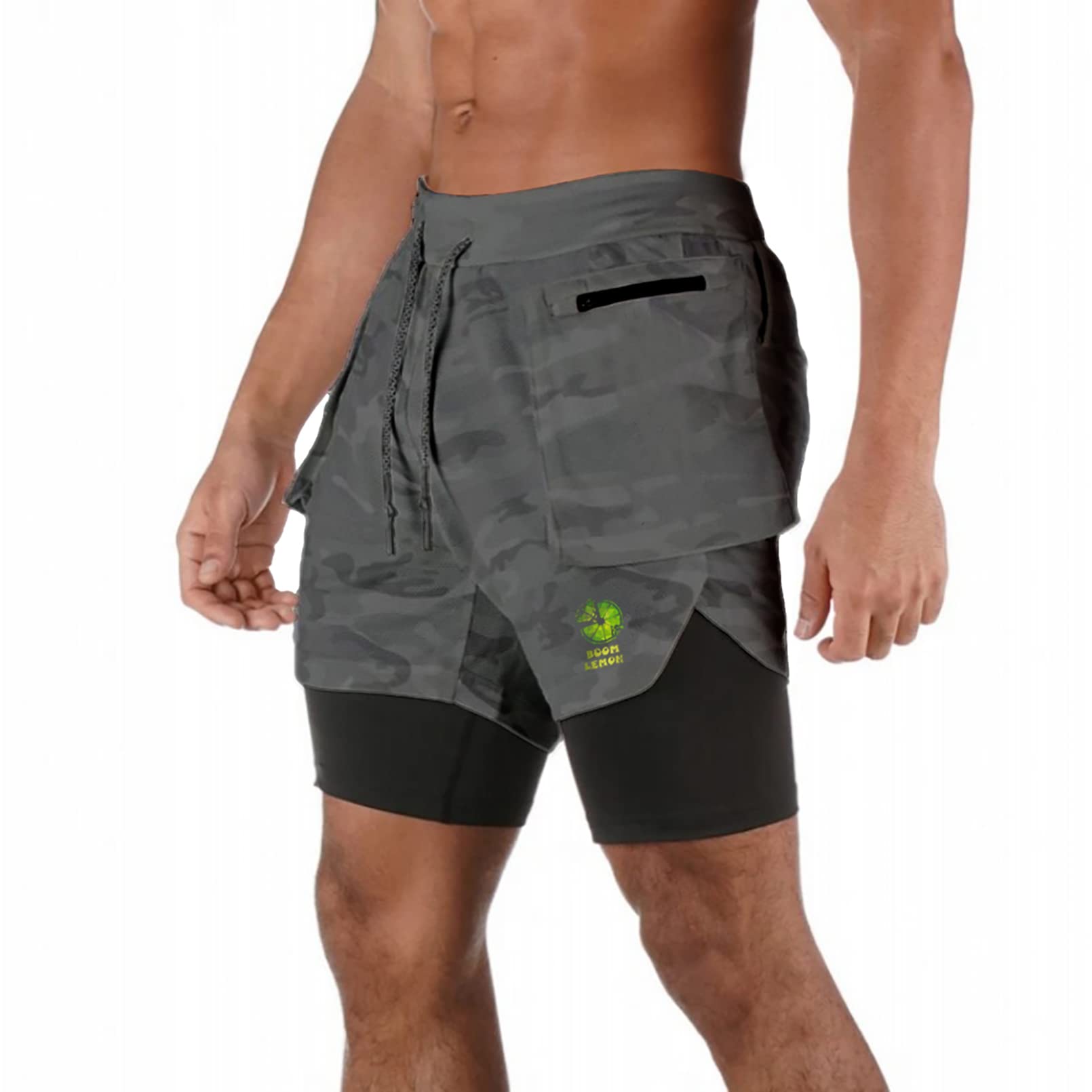 BOOMLEMON Men's 2-in-1 Running Shorts with Compression Liner - Quick Dry Gym Workout Shorts with Zip Pocket for Jogging, Training & Outdoor Sports
