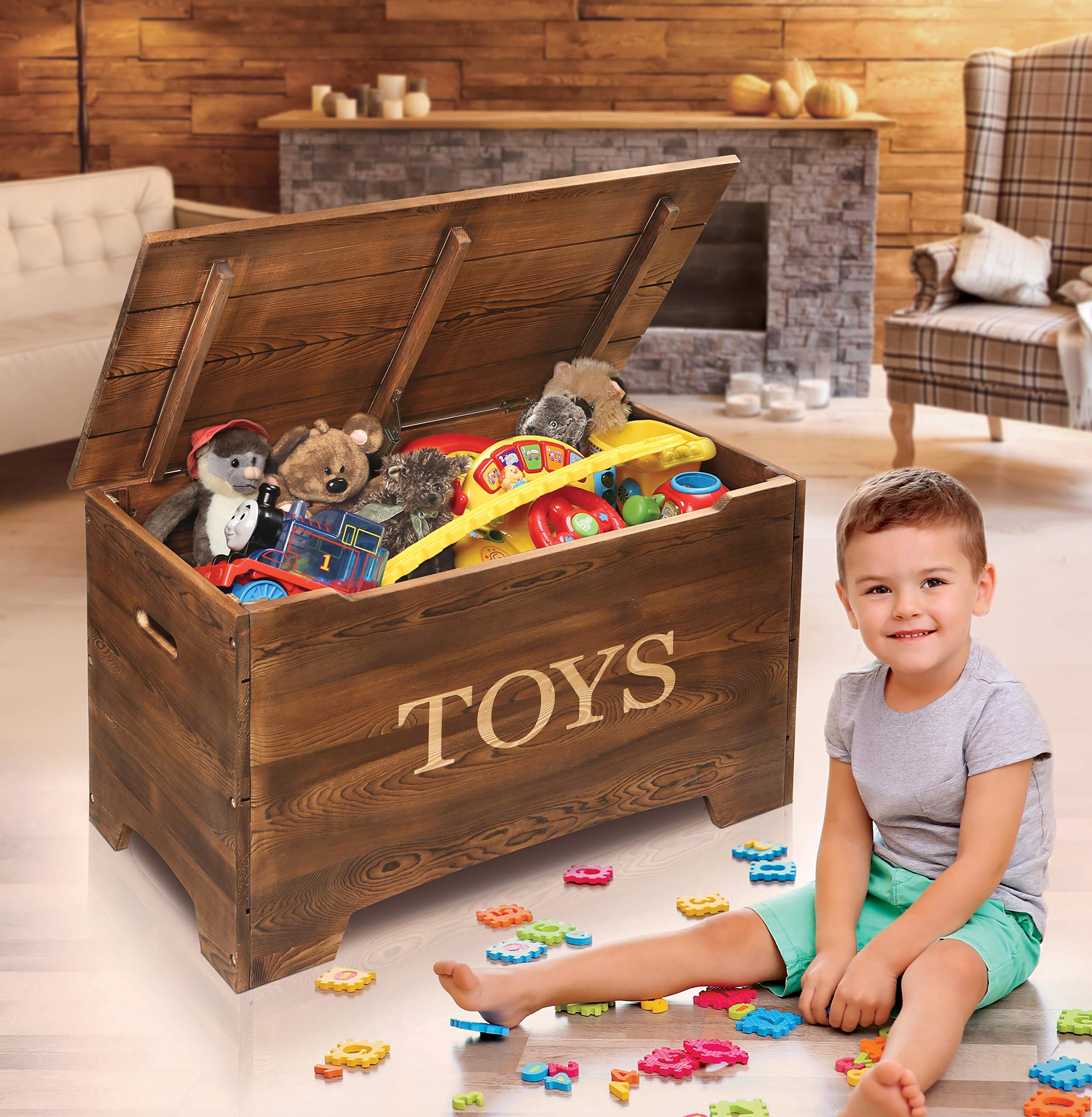 Badger Basket Rustic Solid Wood Toy Box in Caramel Brown – Safe & Customizable Kids Toy Storage Organizer | Perfect for Nursery, Playroom & Bedroom Organization