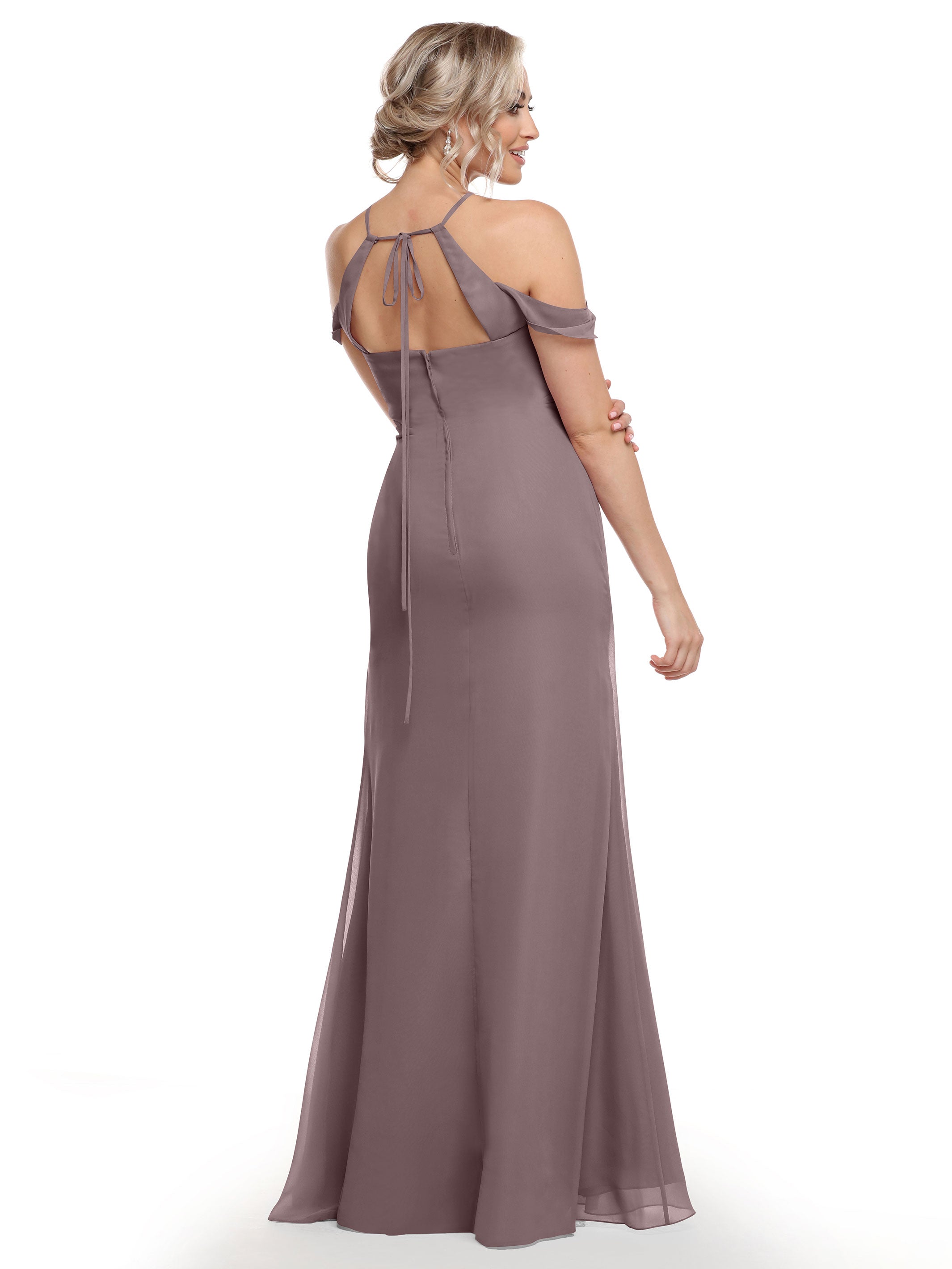 Elegant Off-The-Shoulder Chiffon Bridesmaid Dress with Halter Neckline - Perfect for Weddings, Formal Events & Special Occasions