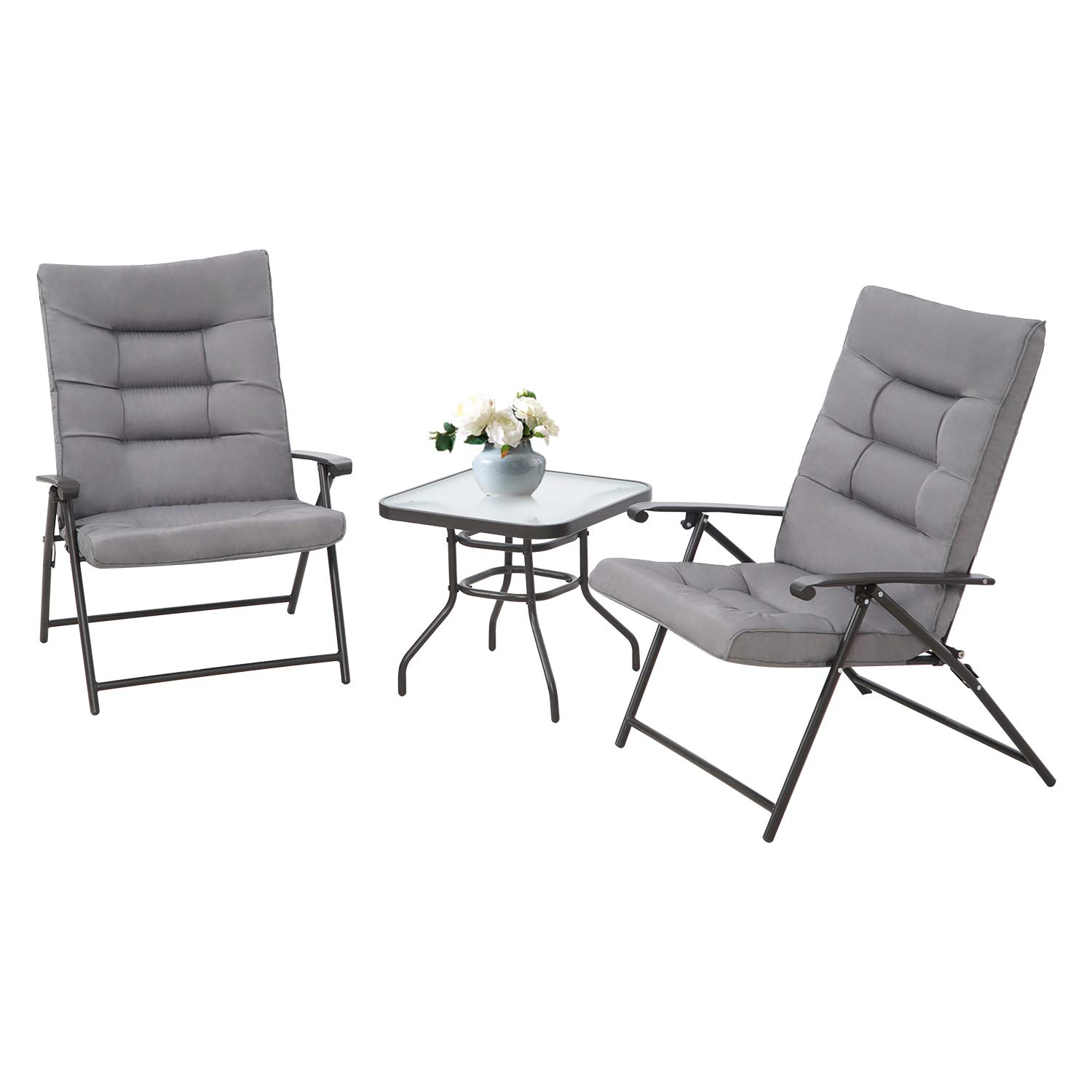 SUNCROWN 3-Piece Patio Padded Folding Chair Set - Outdoor Adjustable Lounge Chairs with Coffee Table - Foldable Balcony Bistro Furniture (Grey) - Perfect for Backyard, Garden, Poolside & Small Space Relaxation