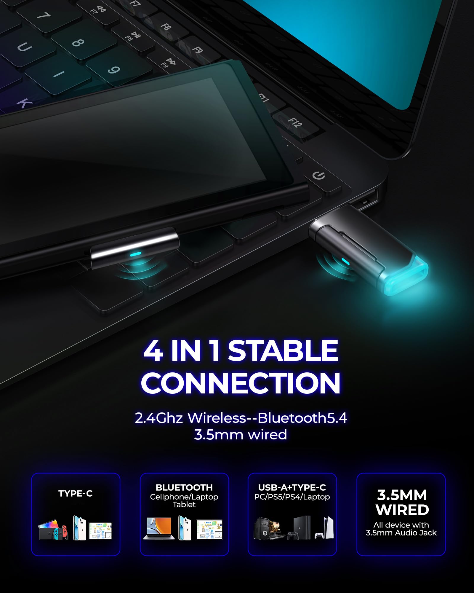 Wireless Gaming Headset with 7.1 Surround Sound & Bluetooth 5.4 | 100H Battery Life | ENC Noise Canceling Mic | RGB Lighting | Compatible with PC, PS5, PS4, Mac & Nintendo Switch | Perfect for Competitive Gaming & Streaming (Black-Blue)