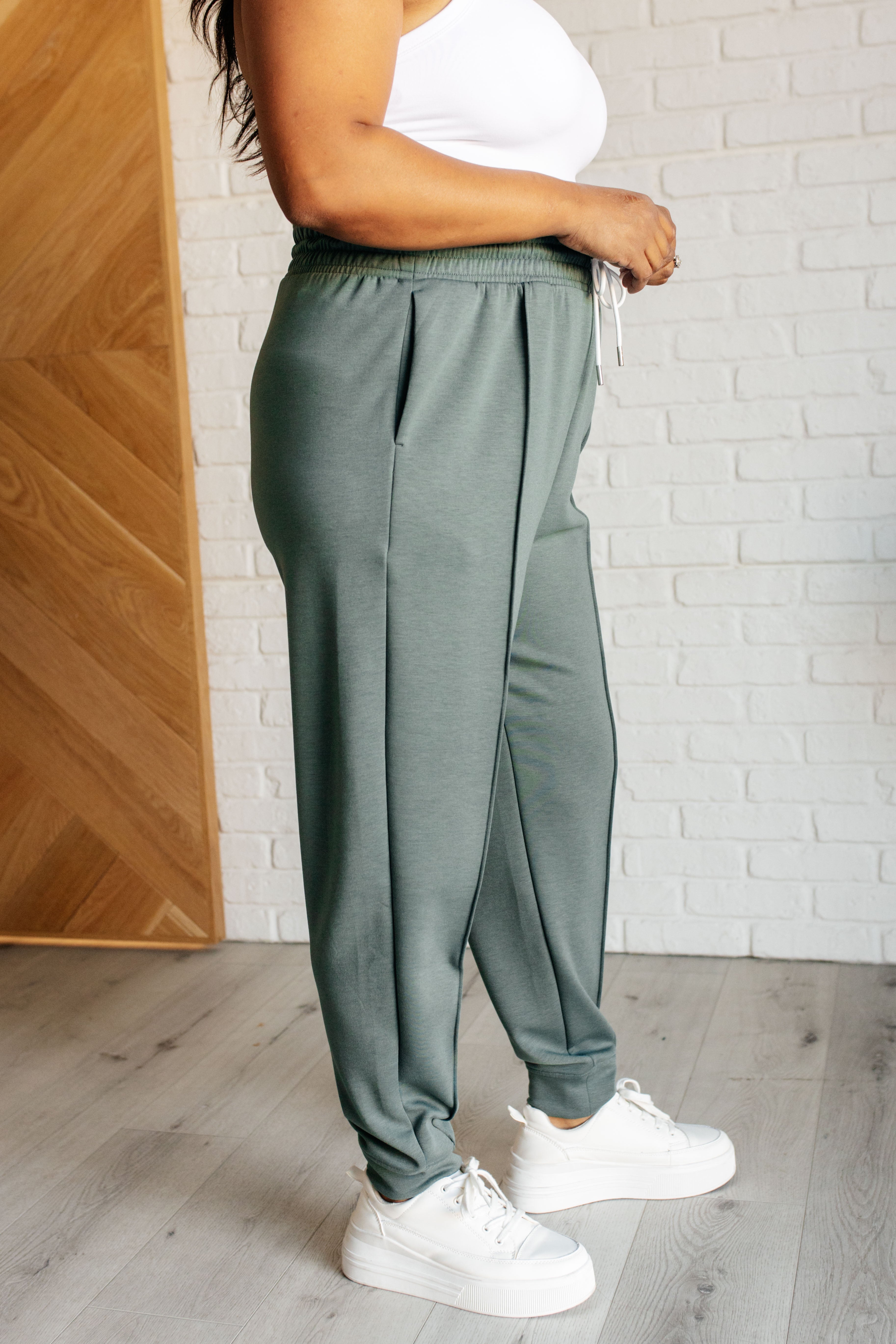 High Waist Center Seam Scuba Joggers for Women - Soft Stretchy Lounge Pants in Ash Jade - Perfect for Yoga, Running & Casual Wear