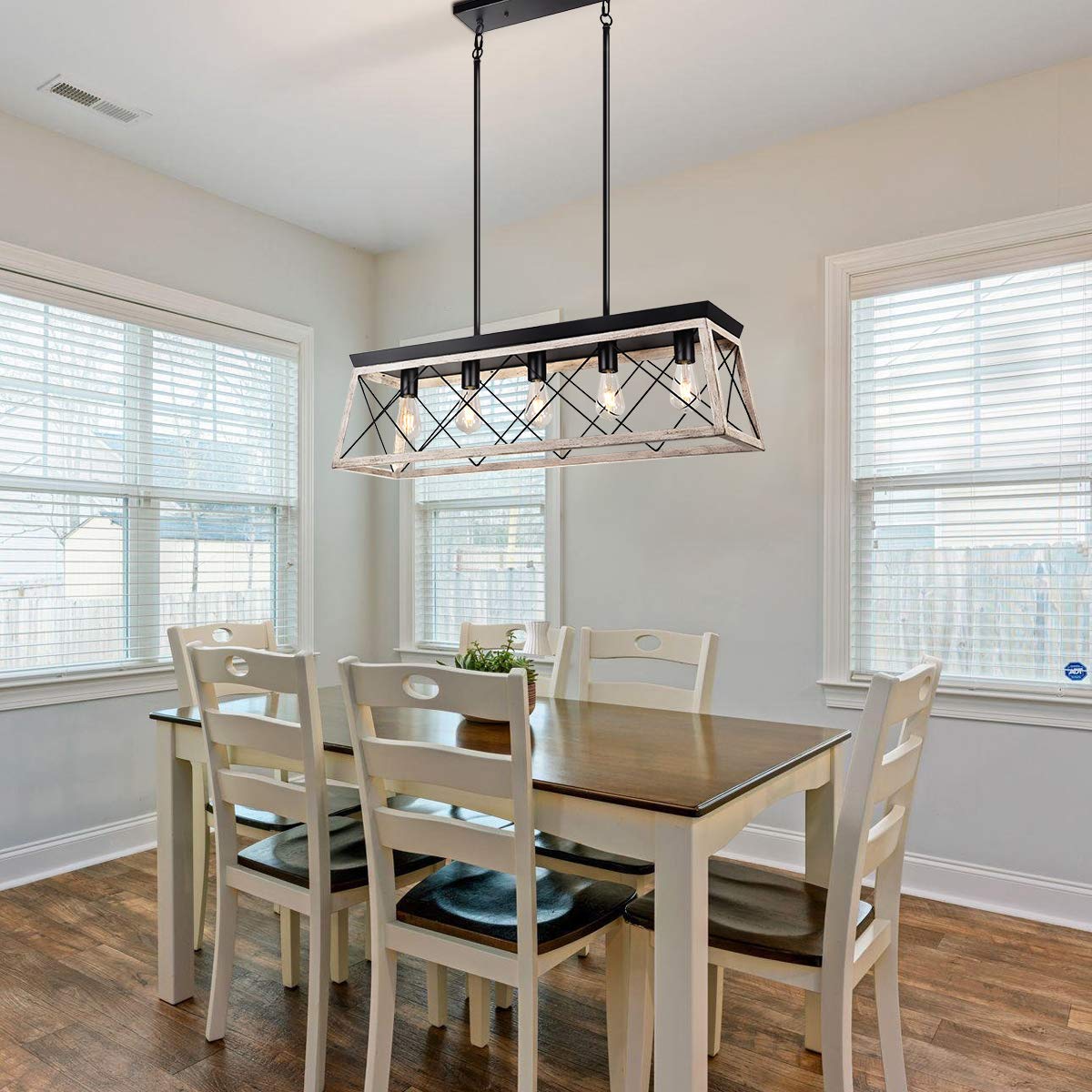 Rustic Farmhouse Kitchen Island Chandelier - 5-Light White Wood Finish Linear Hanging Light Fixture for Dining Room & Modern Kitchen | Perfect Over Table, Breakfast Nook & Bar Counter Lighting